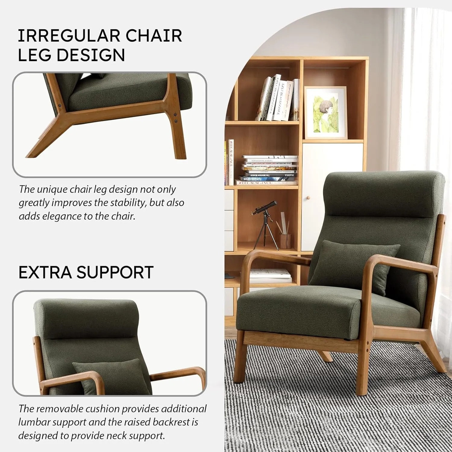 Accent Chair Mid Century Modern Chair Linen Fabric Living Room Chairs with Solid Wood Frame Comfy Upholstered and Lumbar Pillow Reading Side Chair Easy Assembly for Bedroom (1, Green)
