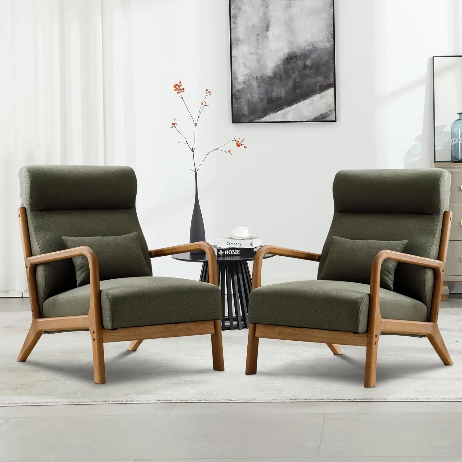 Accent Chair Mid Century Modern Chair Linen Fabric Living Room Chairs with Solid Wood Frame Comfy Upholstered and Lumbar Pillow Reading Side Chair Easy Assembly for Bedroom (1, Green)
