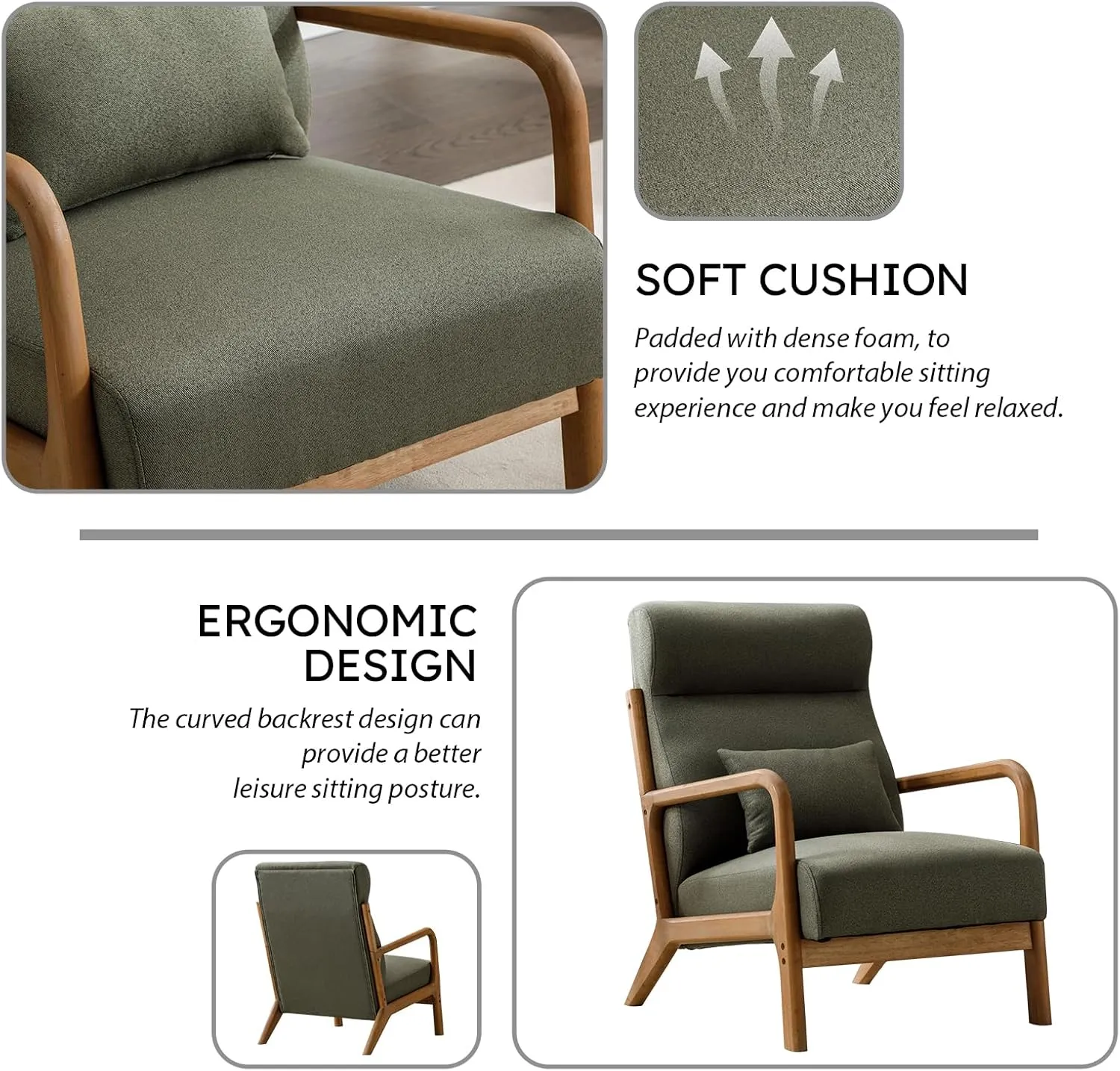 Accent Chair Mid Century Modern Chair Linen Fabric Living Room Chairs with Solid Wood Frame Comfy Upholstered and Lumbar Pillow Reading Side Chair Easy Assembly for Bedroom (1, Green)
