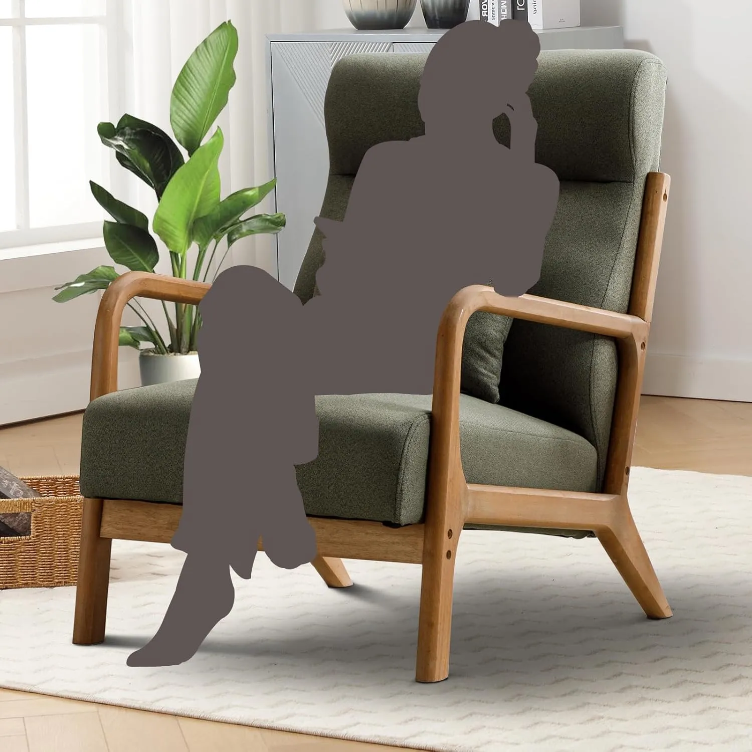 Accent Chair Mid Century Modern Chair Linen Fabric Living Room Chairs with Solid Wood Frame Comfy Upholstered and Lumbar Pillow Reading Side Chair Easy Assembly for Bedroom (1, Green)