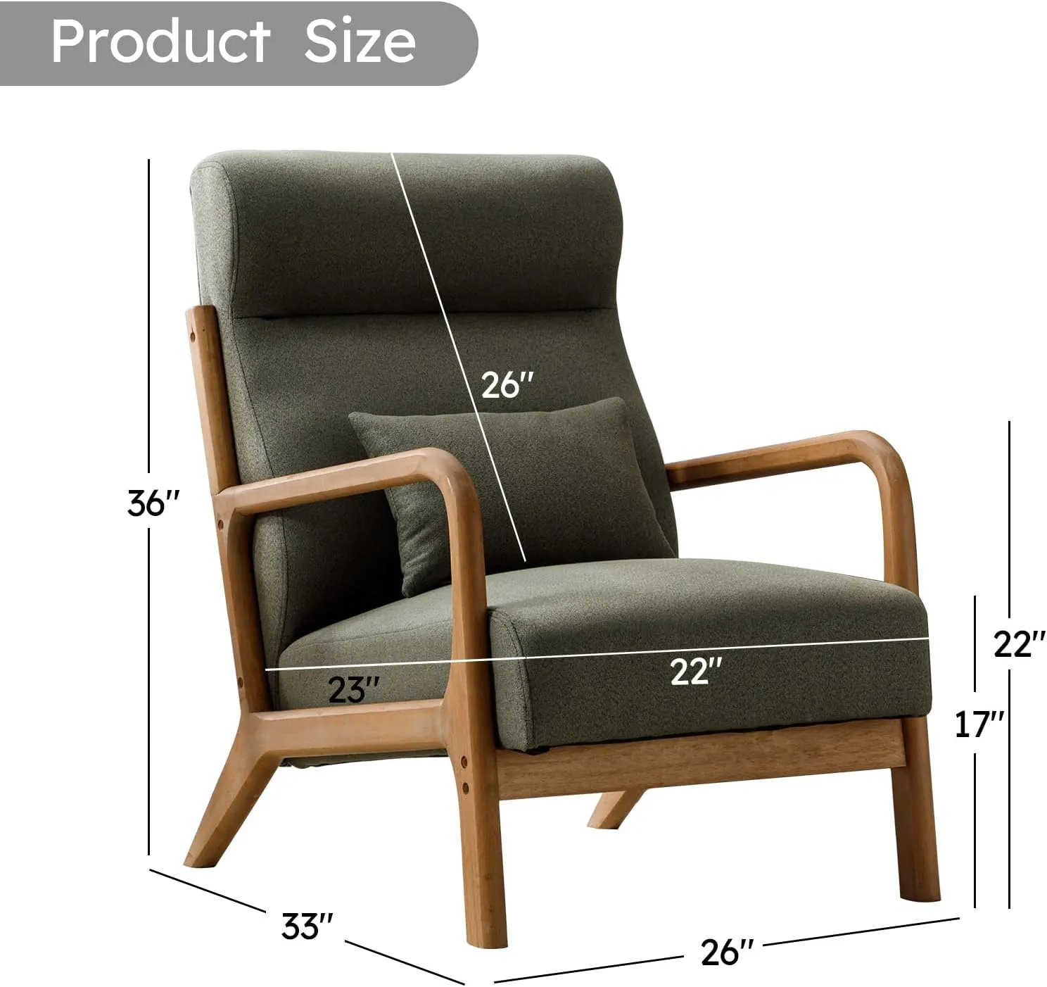 Accent Chair Mid Century Modern Chair Linen Fabric Living Room Chairs with Solid Wood Frame Comfy Upholstered and Lumbar Pillow Reading Side Chair Easy Assembly for Bedroom (1, Green)