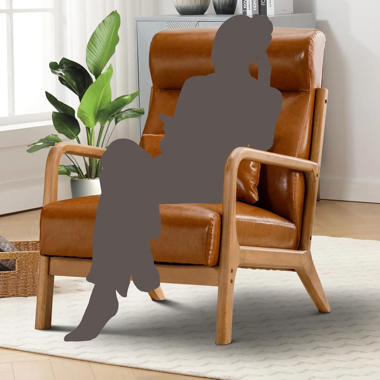 Accent Chair Mid Century Modern Chair PU Leather Fabric Living Room Chairs with Solid Wood Frame Comfy Upholstered and Lumbar Pillow Reading Side Chair Easy Assembly for Bedroom (1, Brown)