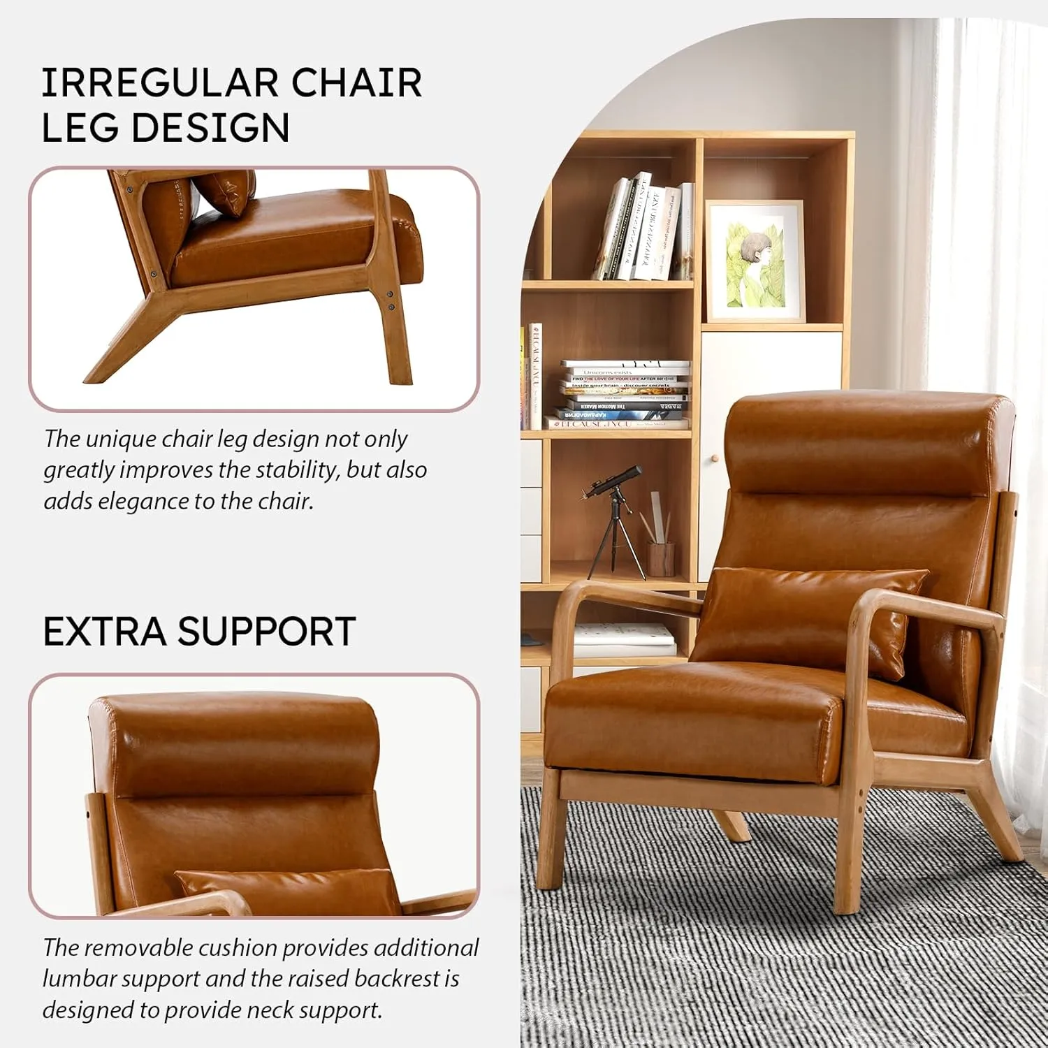 Accent Chair Mid Century Modern Chair PU Leather Fabric Living Room Chairs with Solid Wood Frame Comfy Upholstered and Lumbar Pillow Reading Side Chair Easy Assembly for Bedroom (1, Brown)