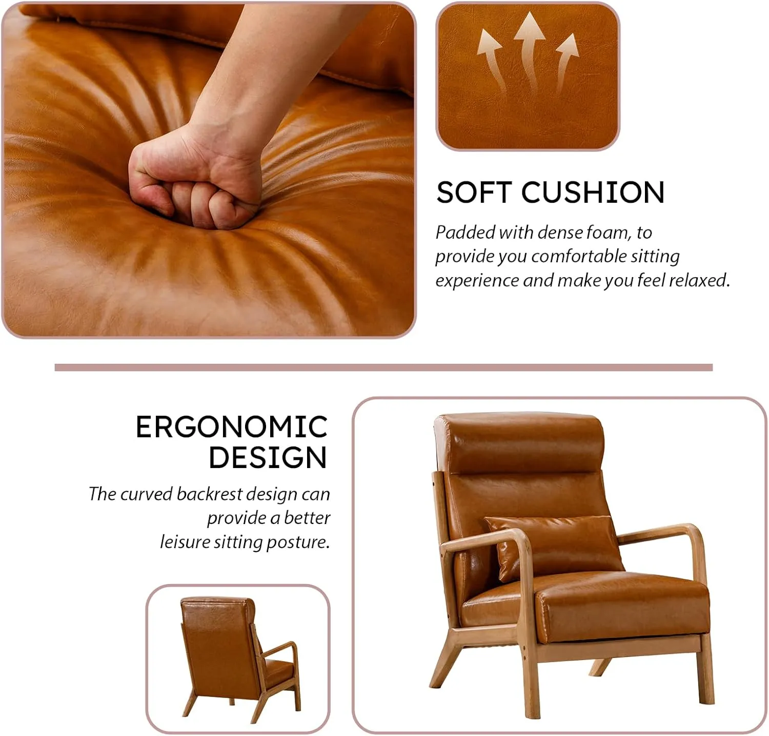 Accent Chair Mid Century Modern Chair PU Leather Fabric Living Room Chairs with Solid Wood Frame Comfy Upholstered and Lumbar Pillow Reading Side Chair Easy Assembly for Bedroom (1, Brown)