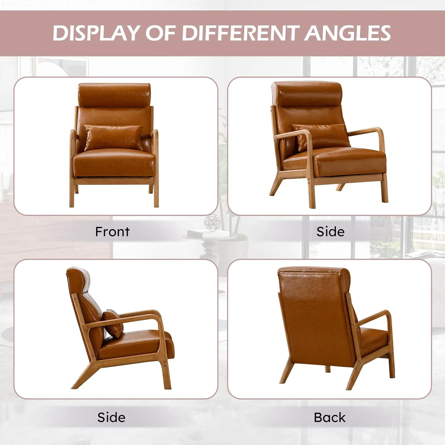 Accent Chair Mid Century Modern Chair PU Leather Fabric Living Room Chairs with Solid Wood Frame Comfy Upholstered and Lumbar Pillow Reading Side Chair Easy Assembly for Bedroom (1, Brown)