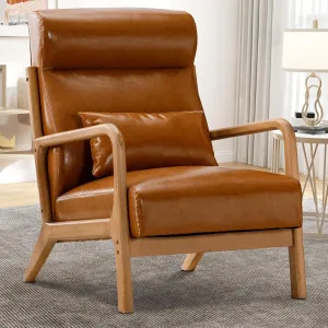 Accent Chair Mid Century Modern Chair PU Leather Fabric Living Room Chairs with Solid Wood Frame Comfy Upholstered and Lumbar Pillow Reading Side Chair Easy Assembly for Bedroom (1, Brown)