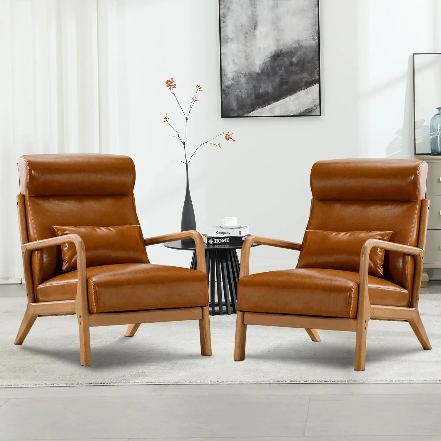 Accent Chair Mid Century Modern Chair PU Leather Fabric Living Room Chairs with Solid Wood Frame Comfy Upholstered and Lumbar Pillow Reading Side Chair Easy Assembly for Bedroom (1, Brown)