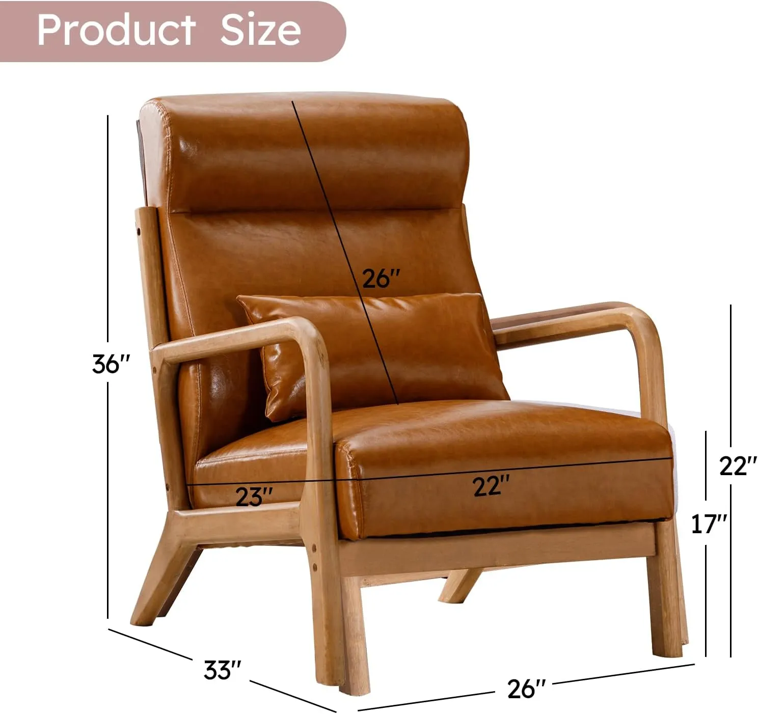 Accent Chair Mid Century Modern Chair PU Leather Fabric Living Room Chairs with Solid Wood Frame Comfy Upholstered and Lumbar Pillow Reading Side Chair Easy Assembly for Bedroom (1, Brown)