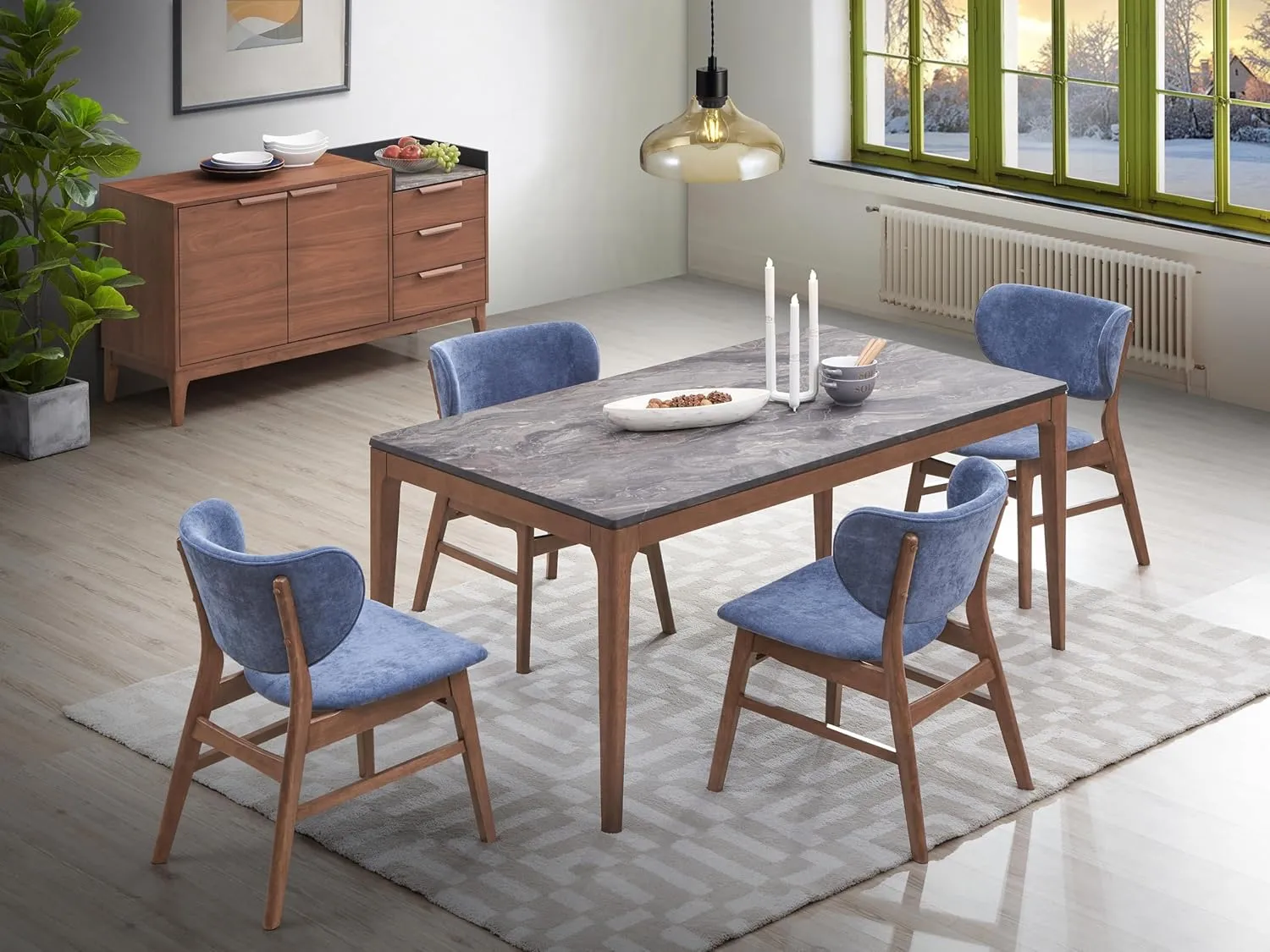 Acme Bevis 18" Scandinavian Modern Fabric and Wood Side Chair in Blue & Walnut