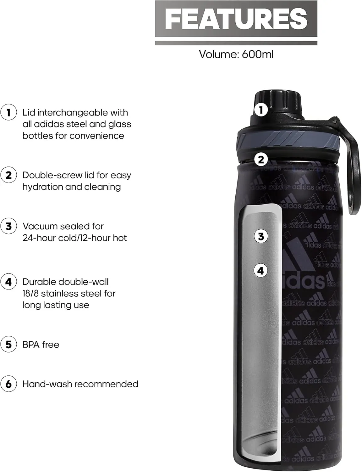 adidas 20 oz Stainless Steel Water Bottle, Insulated Double-Walled 18/8 Metal, Men, Women, Girls and Boys
