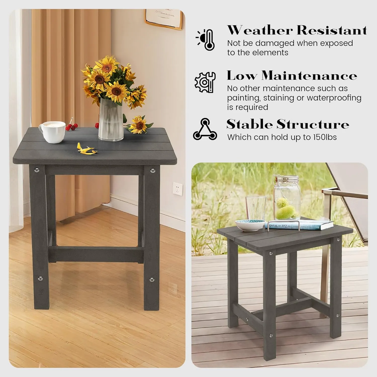 Adirondack Small Patio Table, HDPS Side Table for Pool, Balcony, Porch, Deck, Backyard, Indoor or Outdoor Use, Grey