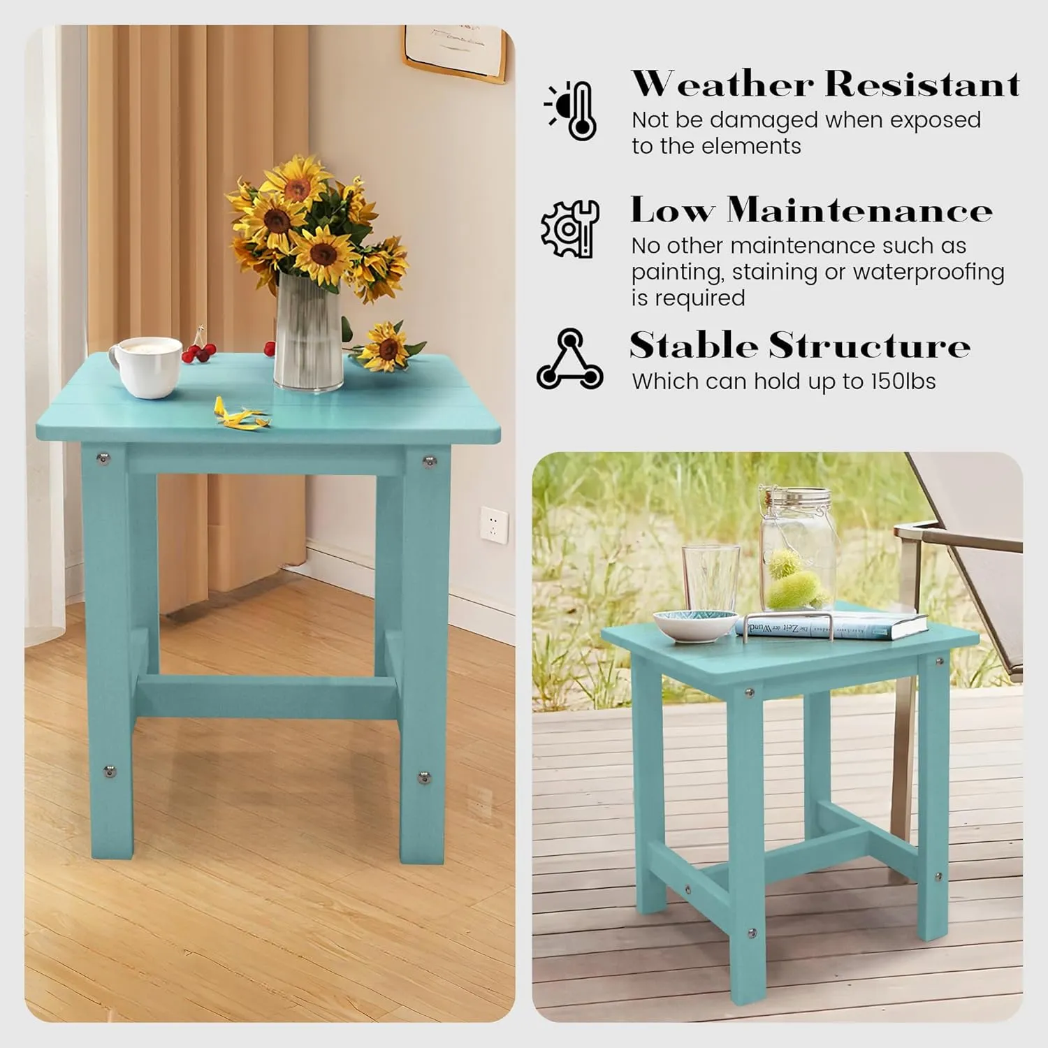 Adirondack Small Patio Table, HDPS Side Table for Pool, Balcony, Porch, Deck, Backyard, Indoor or Outdoor Use, Lake Blue