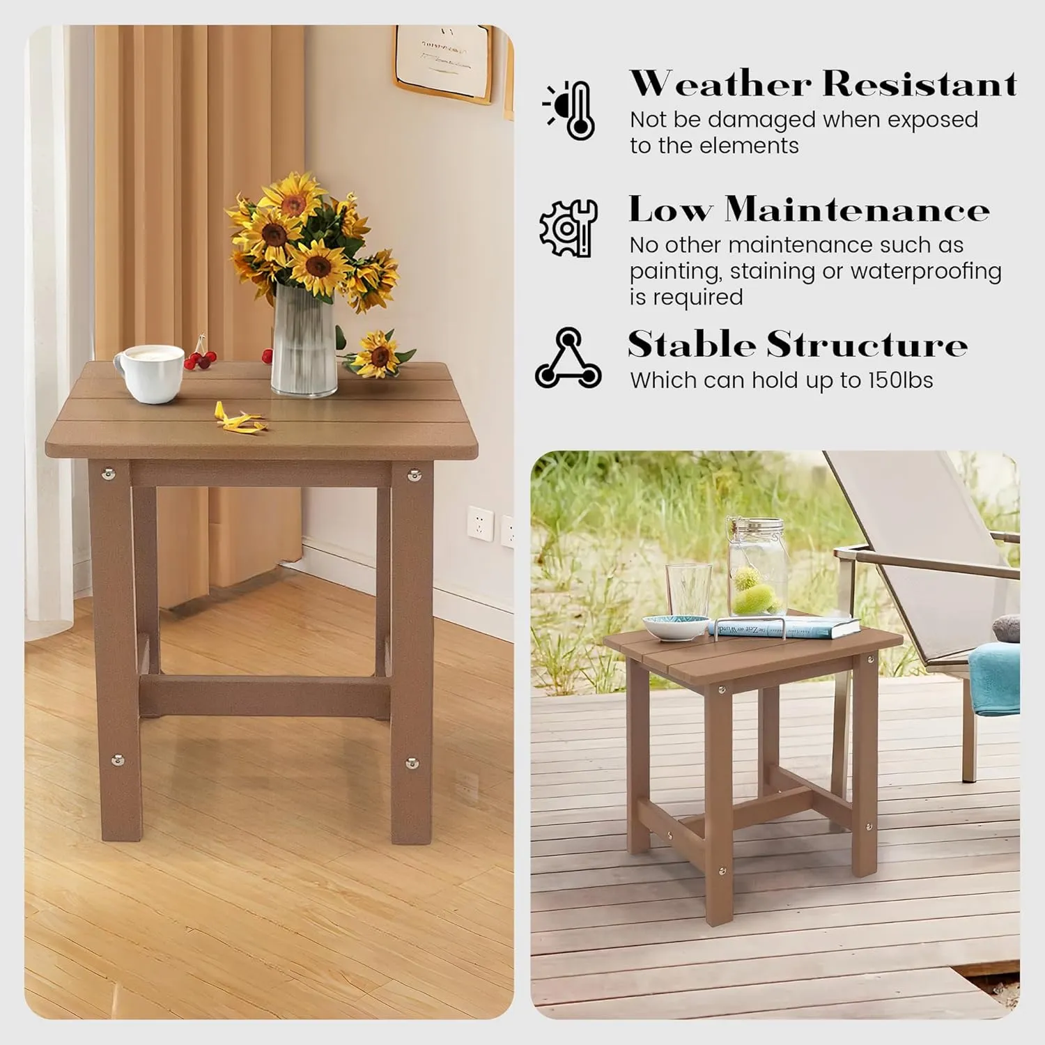 Adirondack Small Patio Table, HDPS Side Table for Pool, Balcony, Porch, Deck, Backyard, Indoor or Outdoor Use, Teak