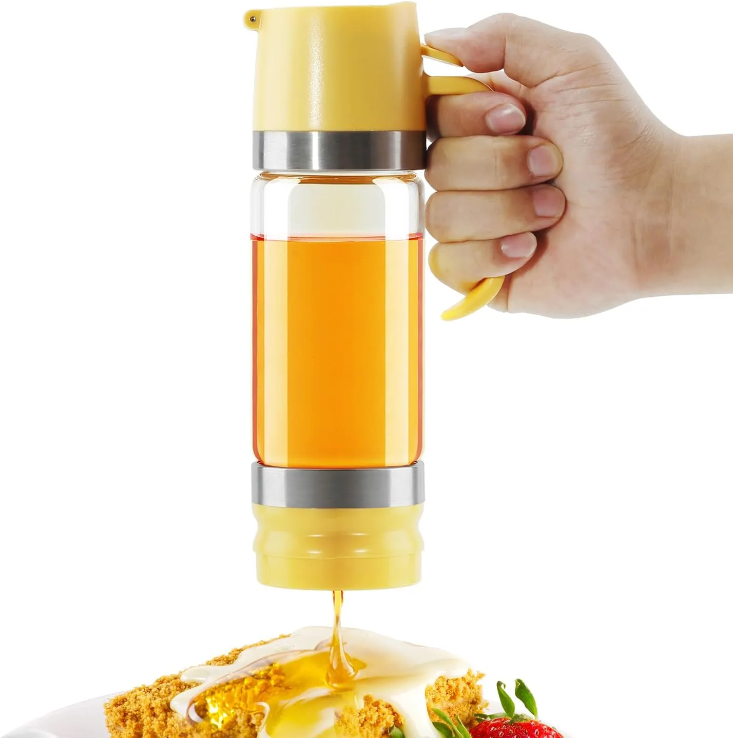 Aelga Glass Honey Dispenser Pot, No Drip 12 OZ Honey Jar with Handle, Syrup Dispenser for Coffee or Tea, Yellow
