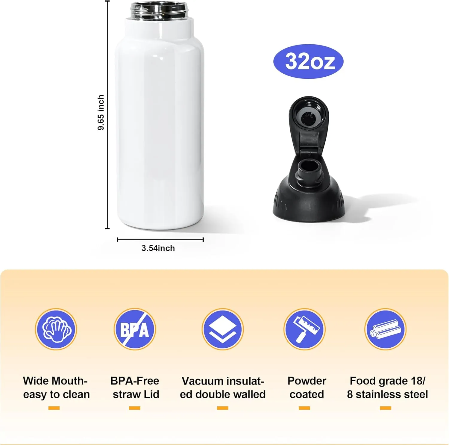 AGH 2 Pack 32 oz Sublimation Water Bottle Blanks, Double Wall Vacuum Flask Stainless Steel Sublimation Tumbler blank Sports Wide Mouth Water Bottle with Straw and Portable Handle