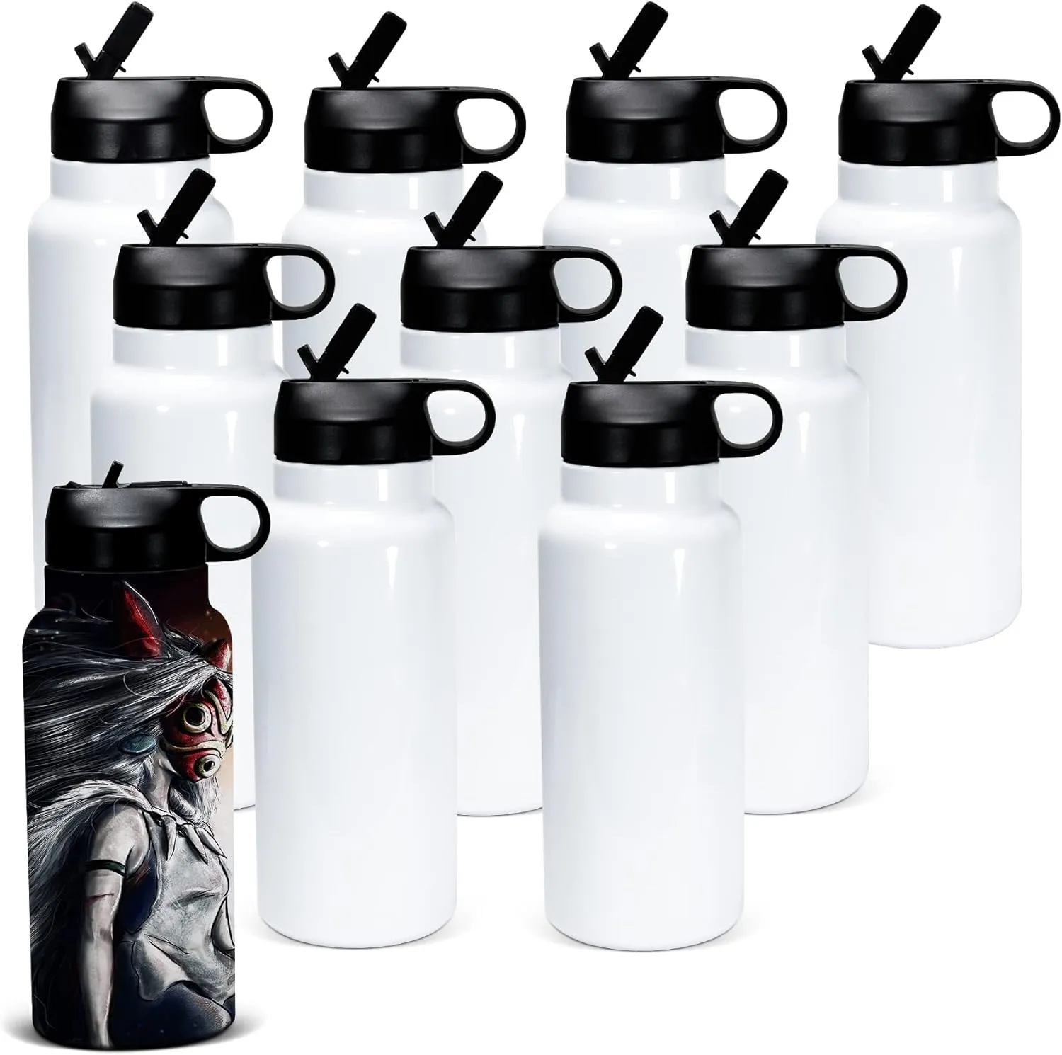 AGH 25 Pack 32 oz Sublimation Water Bottle Blanks, Double Wall Vacuum Flask Stainless Steel Sublimation Tumbler blank Sports Wide Mouth Water Bottle with Straw and Portable Handle