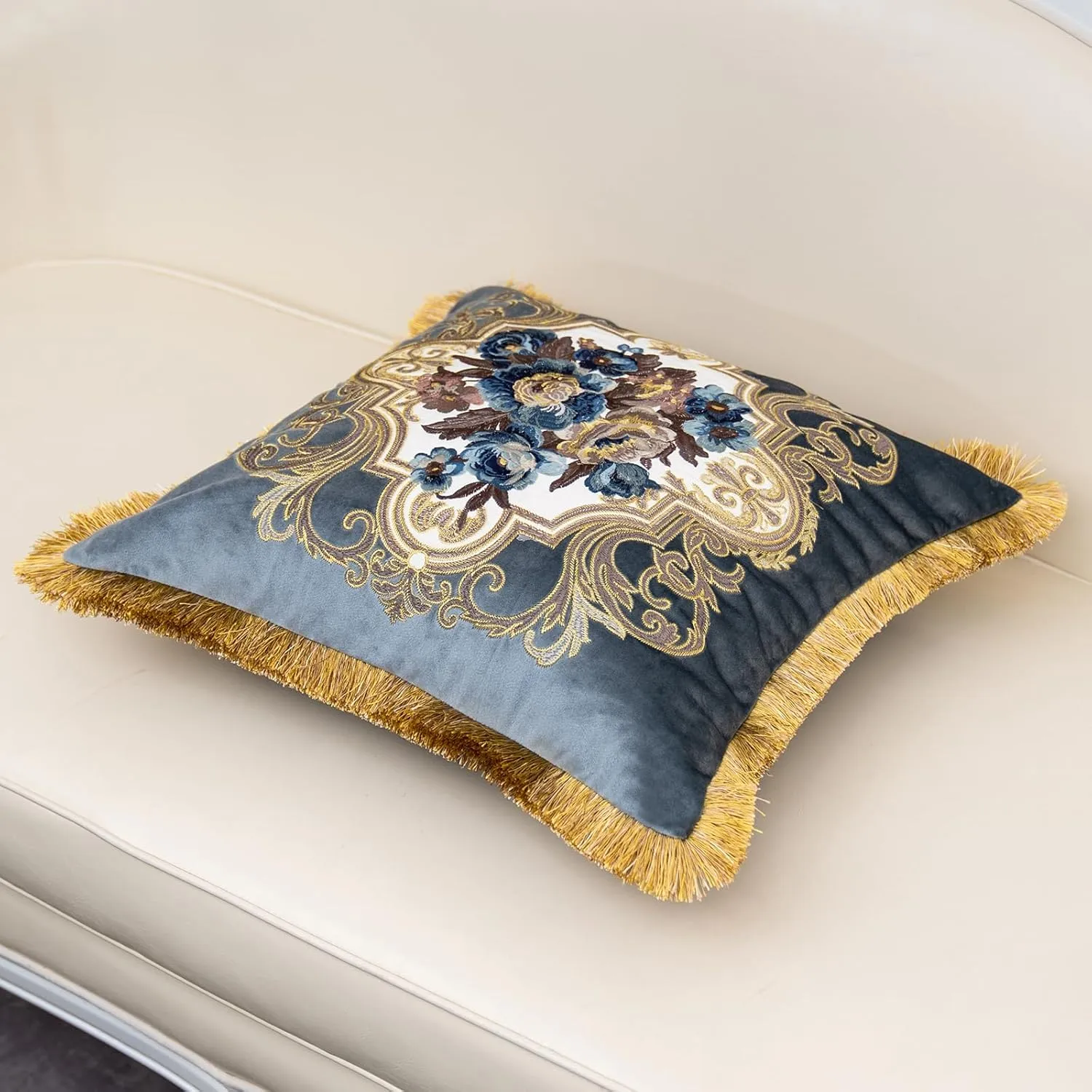 Alerfa Floral Velvet Throw Pillow Cover with Tassel 20 x 20 Inch, European Embroidered Decorative Pillow Cover for Couch Living Room Bedroom Car, Gray