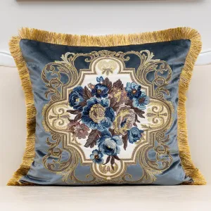 Alerfa Floral Velvet Throw Pillow Cover with Tassel 20 x 20 Inch, European Embroidered Decorative Pillow Cover for Couch Living Room Bedroom Car, Gray