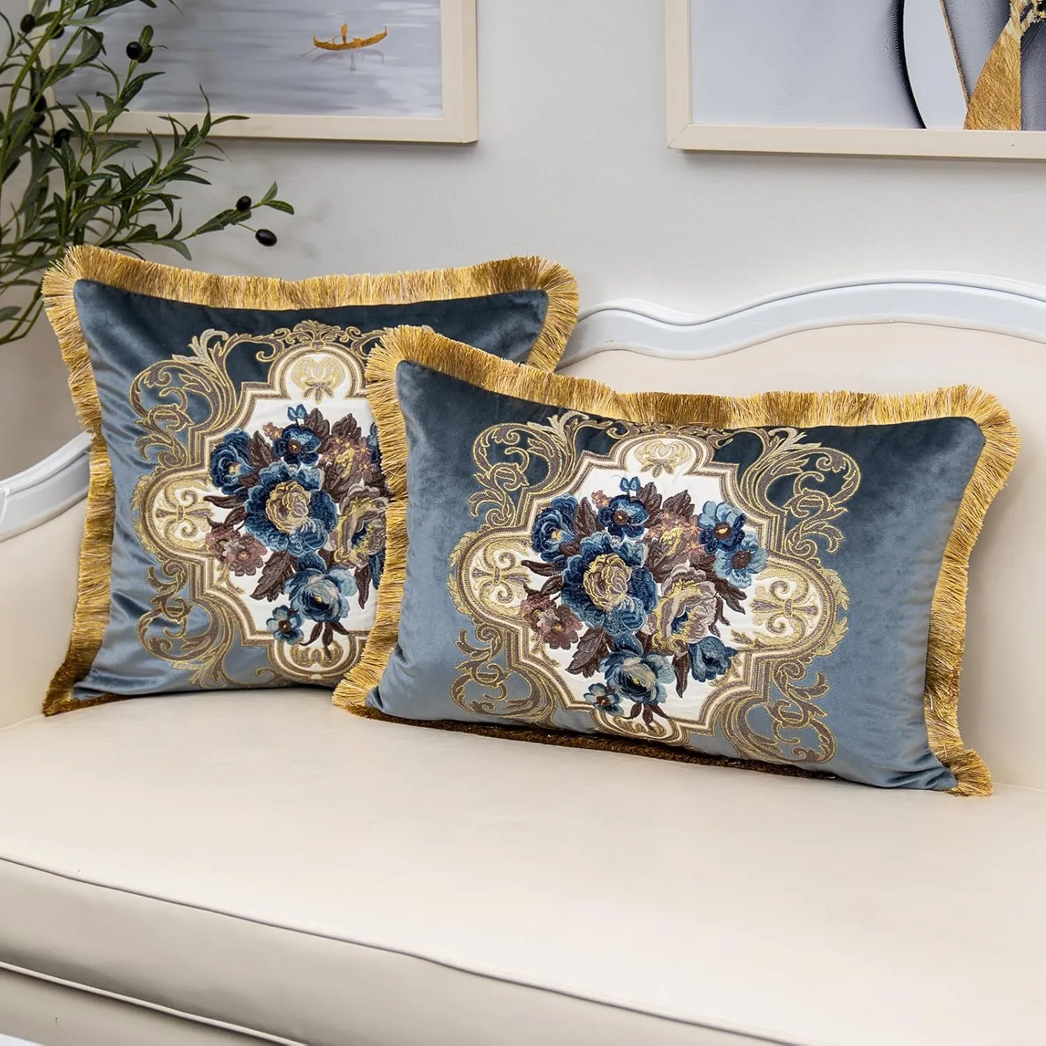 Alerfa Floral Velvet Throw Pillow Cover with Tassel 20 x 20 Inch, European Embroidered Decorative Pillow Cover for Couch Living Room Bedroom Car, Gray
