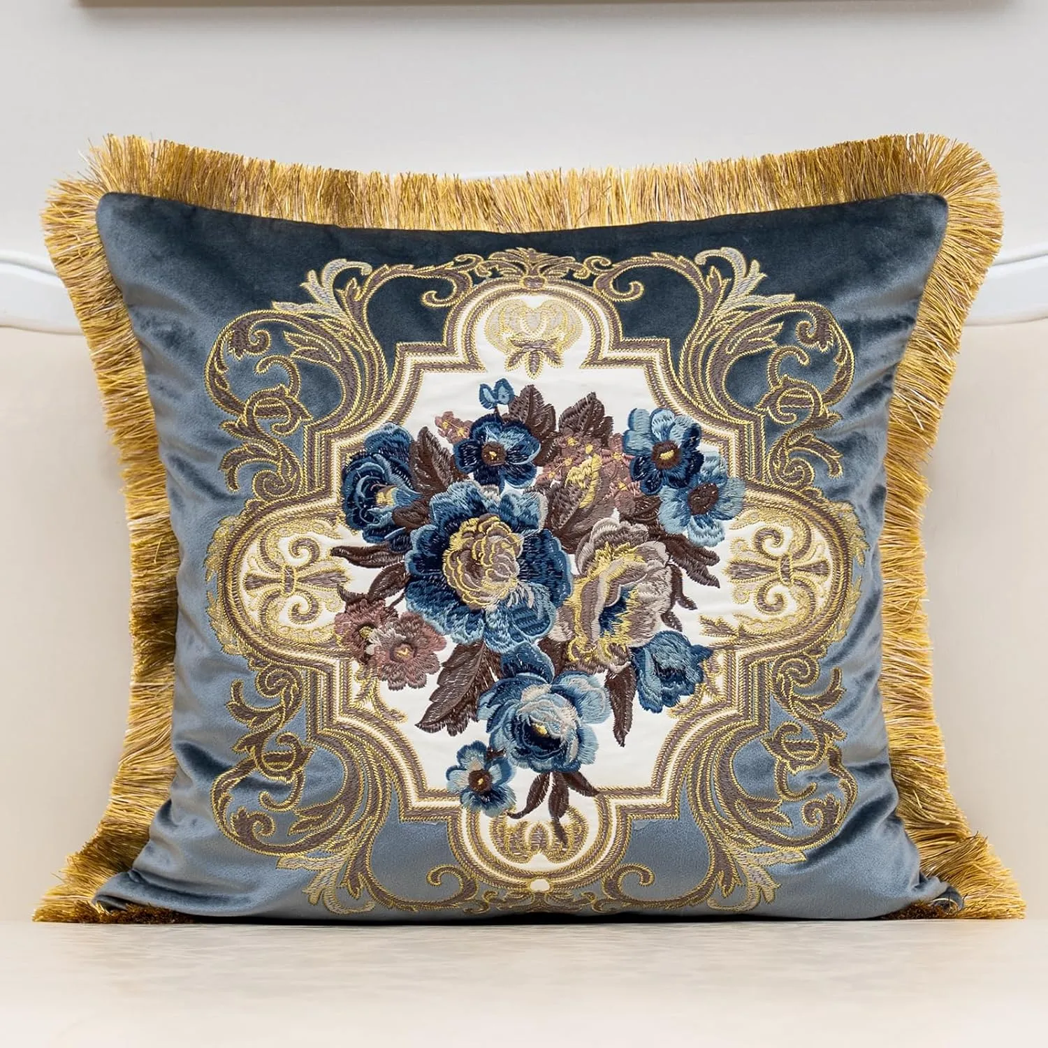 Alerfa Floral Velvet Throw Pillow Cover with Tassel 20 x 20 Inch, European Embroidered Decorative Pillow Cover for Couch Living Room Bedroom Car, Gray