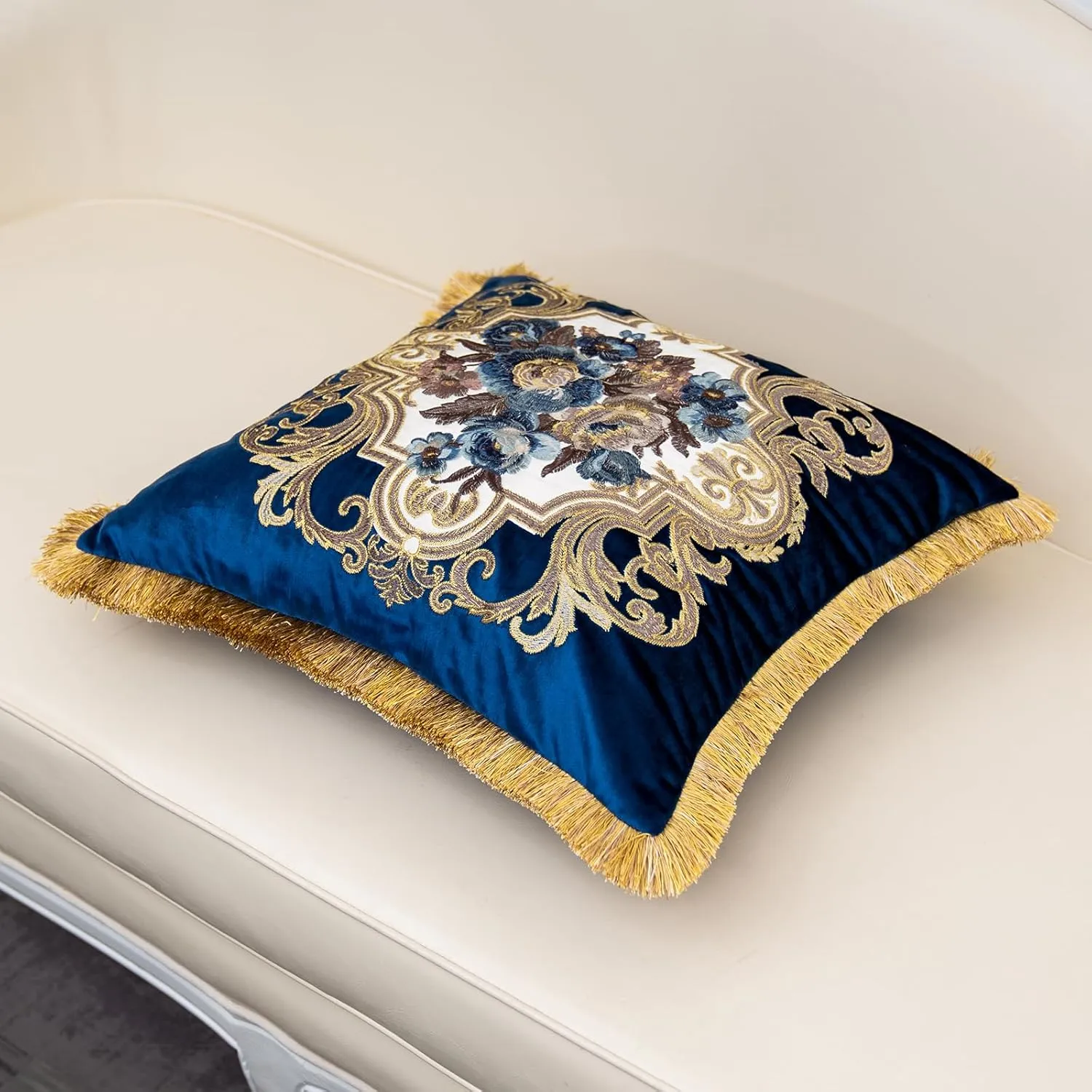 Alerfa Floral Velvet Throw Pillow Cover with Tassel 20 x 20 Inch, European Embroidered Decorative Pillow Cover for Couch Living Room Bedroom Car, Navy Blue