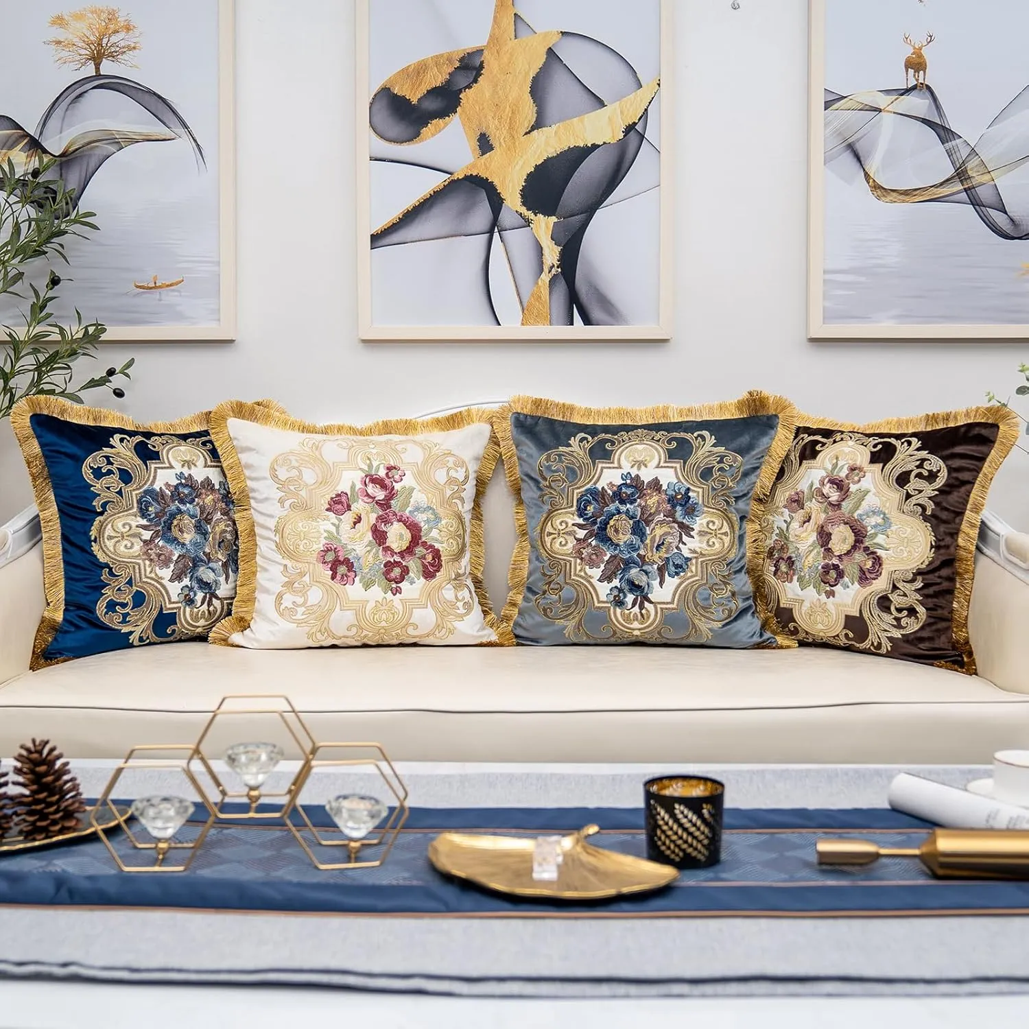 Alerfa Floral Velvet Throw Pillow Cover with Tassel 20 x 20 Inch, European Embroidered Decorative Pillow Cover for Couch Living Room Bedroom Car, Navy Blue