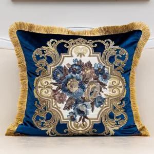 Alerfa Floral Velvet Throw Pillow Cover with Tassel 20 x 20 Inch, European Embroidered Decorative Pillow Cover for Couch Living Room Bedroom Car, Navy Blue