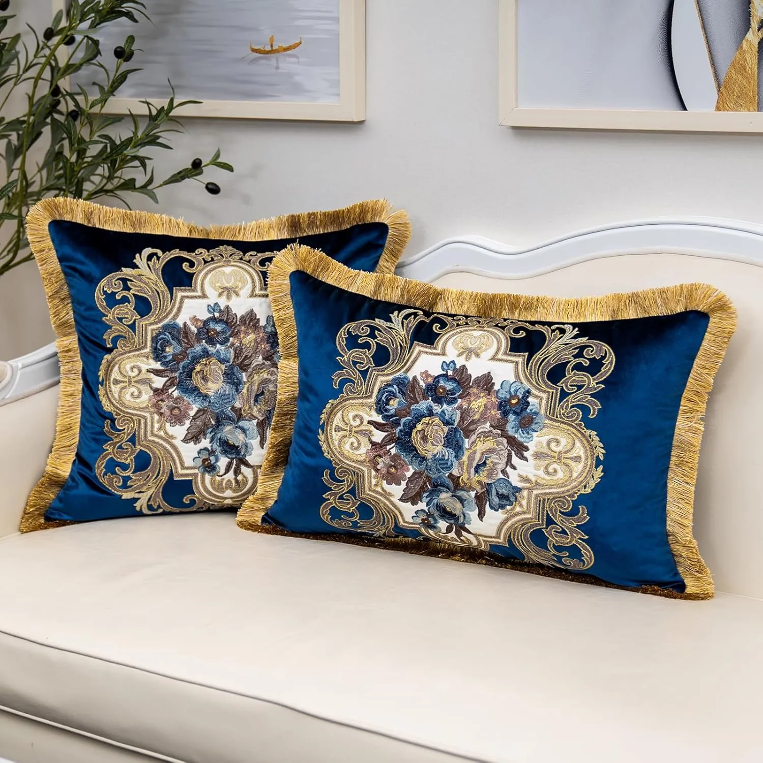 Alerfa Floral Velvet Throw Pillow Cover with Tassel 20 x 20 Inch, European Embroidered Decorative Pillow Cover for Couch Living Room Bedroom Car, Navy Blue