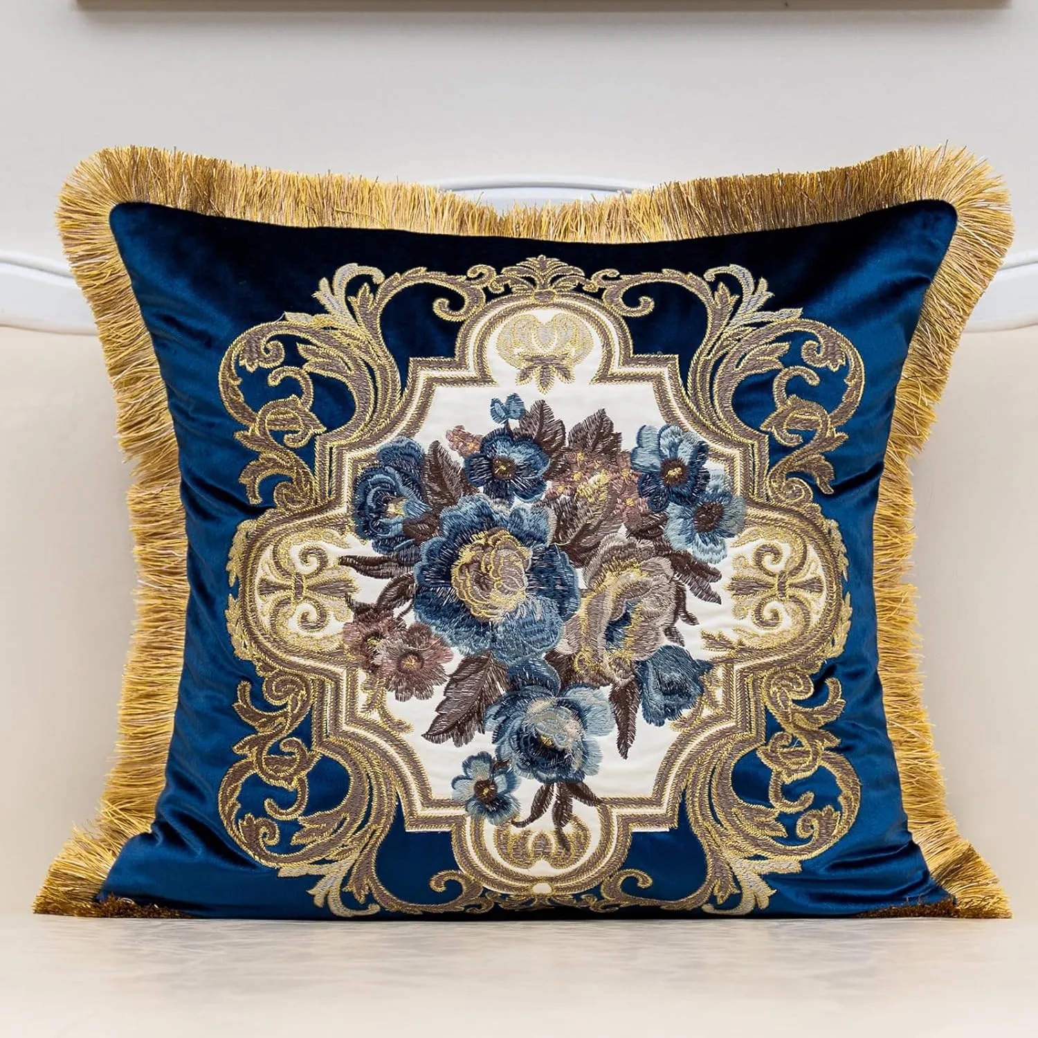 Alerfa Floral Velvet Throw Pillow Cover with Tassel 20 x 20 Inch, European Embroidered Decorative Pillow Cover for Couch Living Room Bedroom Car, Navy Blue