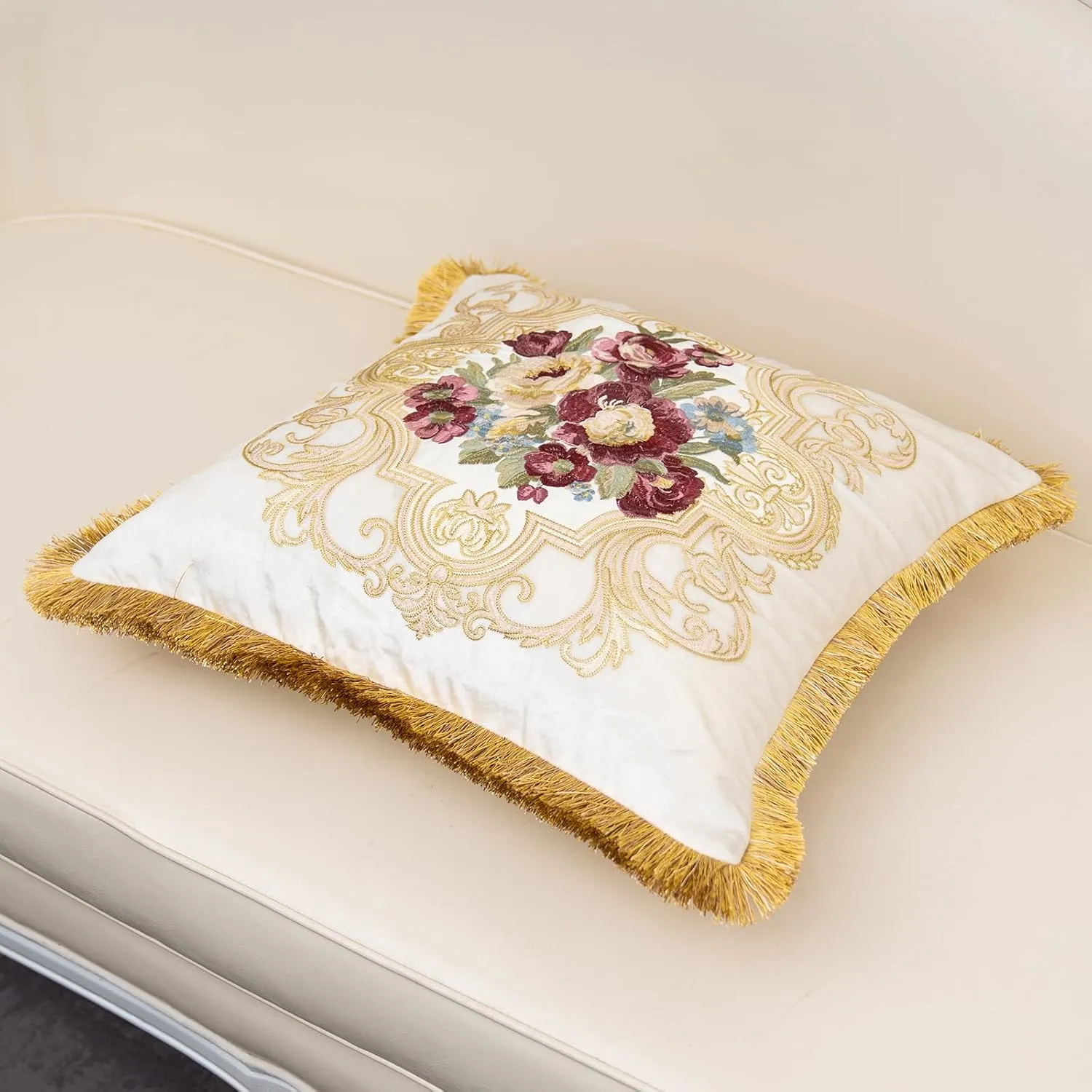 Alerfa Floral Velvet Throw Pillow Cover with Tassel 20 x 20 Inch, European Embroidered Decorative Pillow Cover for Couch Living Room Bedroom Car, White