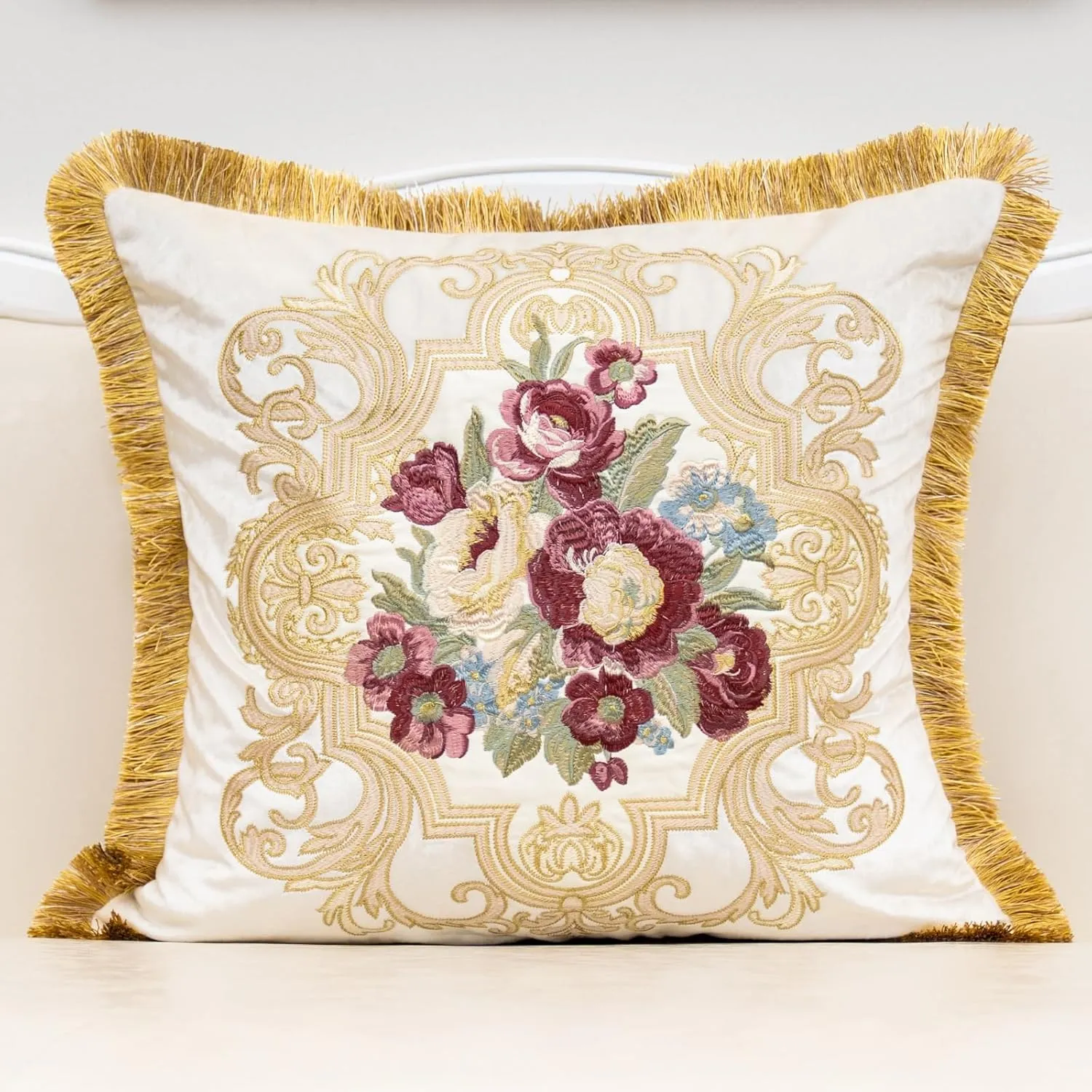 Alerfa Floral Velvet Throw Pillow Cover with Tassel 20 x 20 Inch, European Embroidered Decorative Pillow Cover for Couch Living Room Bedroom Car, White