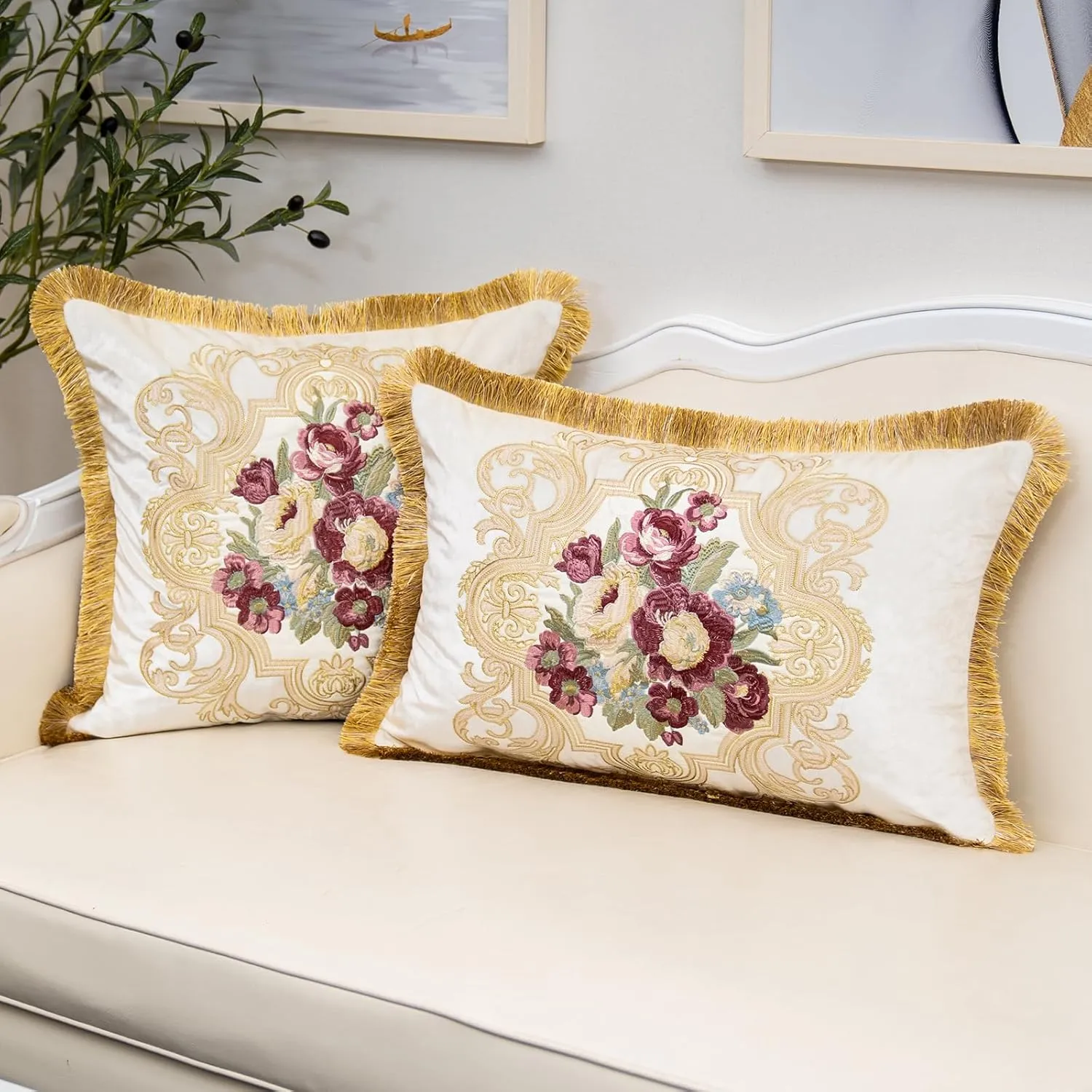 Alerfa Floral Velvet Throw Pillow Cover with Tassel 20 x 20 Inch, European Embroidered Decorative Pillow Cover for Couch Living Room Bedroom Car, White