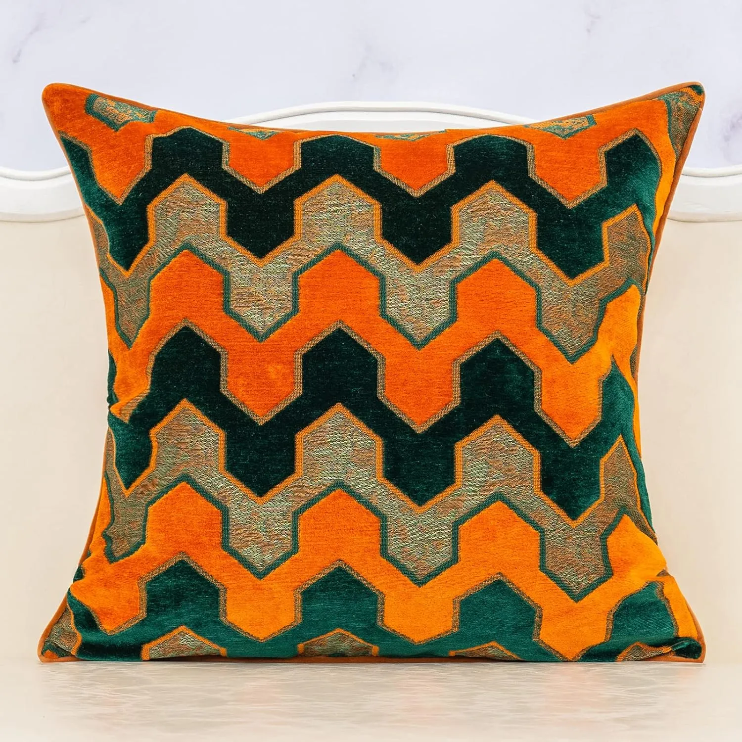 Alerfa Square Pillow Geometric Stripes Embroidery Cut Velvet Cushion Case Luxury Modern Throw Pillow Cover Decorative Pillow for Couch Sofa Living Room Bedroom Car 20 x 20 Inch Teal Orange