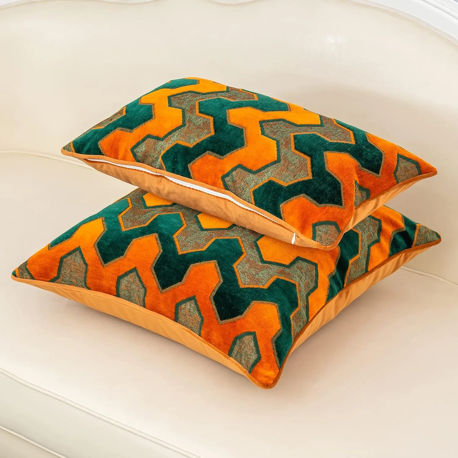 Alerfa Square Pillow Geometric Stripes Embroidery Cut Velvet Cushion Case Luxury Modern Throw Pillow Cover Decorative Pillow for Couch Sofa Living Room Bedroom Car 20 x 20 Inch Teal Orange