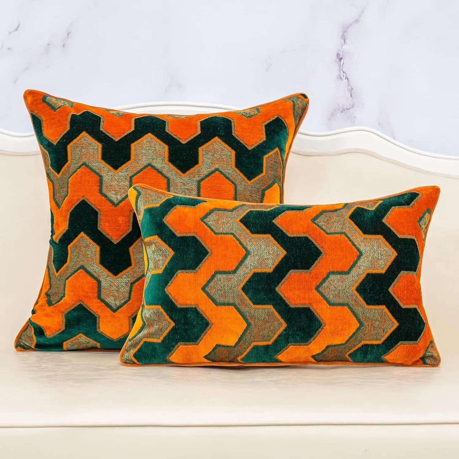 Alerfa Square Pillow Geometric Stripes Embroidery Cut Velvet Cushion Case Luxury Modern Throw Pillow Cover Decorative Pillow for Couch Sofa Living Room Bedroom Car 20 x 20 Inch Teal Orange