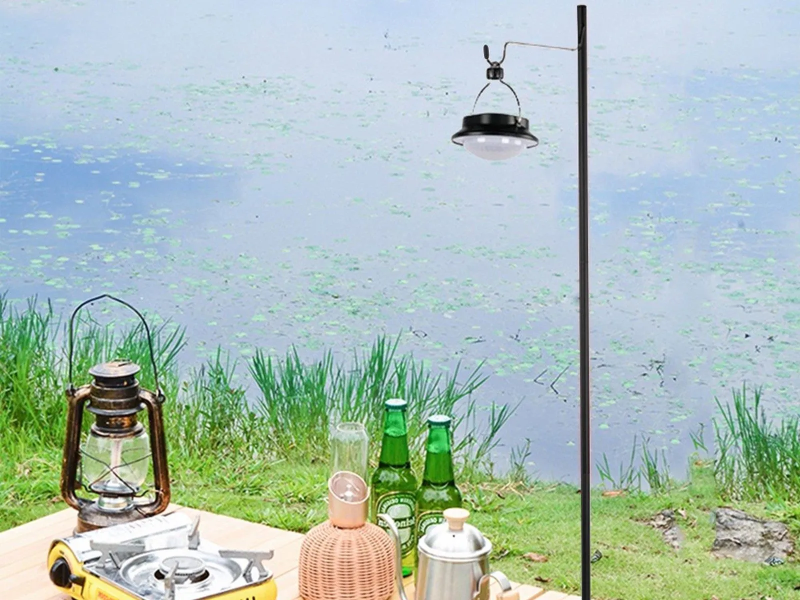 Aluminium Stake and Alloy Lantern Hook Priority shipping Stand Camping with Collapsible Cutting-edge style Black