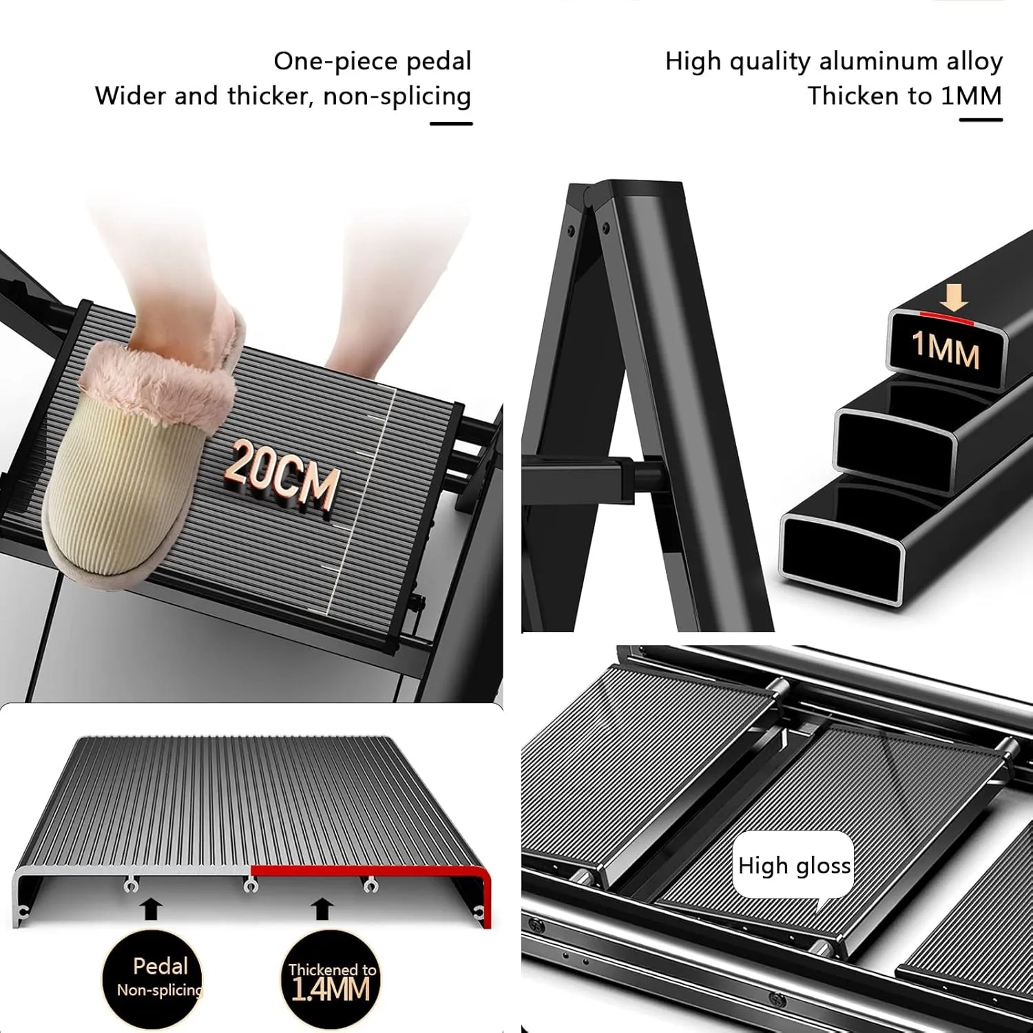 Aluminum Alloy Anti-Rust Black Folding Ladder Chair Without Installation Portable Ladder Widened Anti-Skid Pedal, 2 Steps/3 Steps/4 Steps (Size : 3 Step)