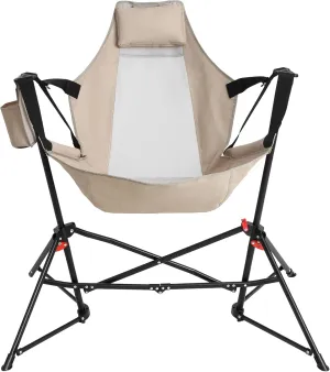 Aluminum Alloy Hammock Camping Chair, Folding Rocking Recliner with Pillow and Cup Holder, Ideal for Outdoor Travel, Lawn and Backyard Use (Khaki)