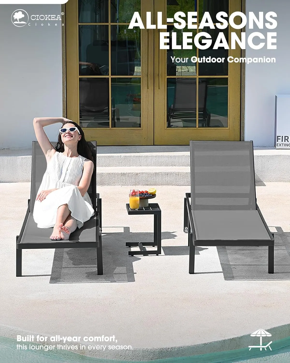 Aluminum Chaise Lounge Chair Outdoor with Wheels, Patio Lounge Chair with Adjustable 5-Position Recliner and Full Flat Tanning Chair for Patio, Beach, Pool, Grey