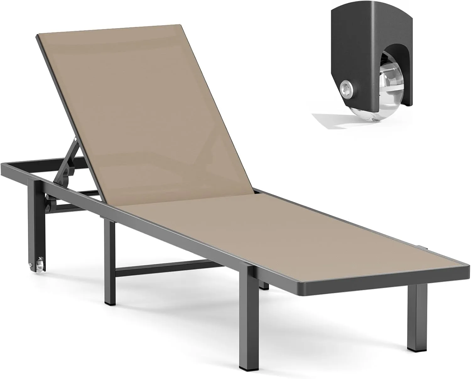 Aluminum Chaise Lounge Chair Outdoor with Wheels, Patio Lounge Chair with Adjustable 5-Position Recliner and Full Flat Tanning Chair for Patio, Beach, Pool, Khaki