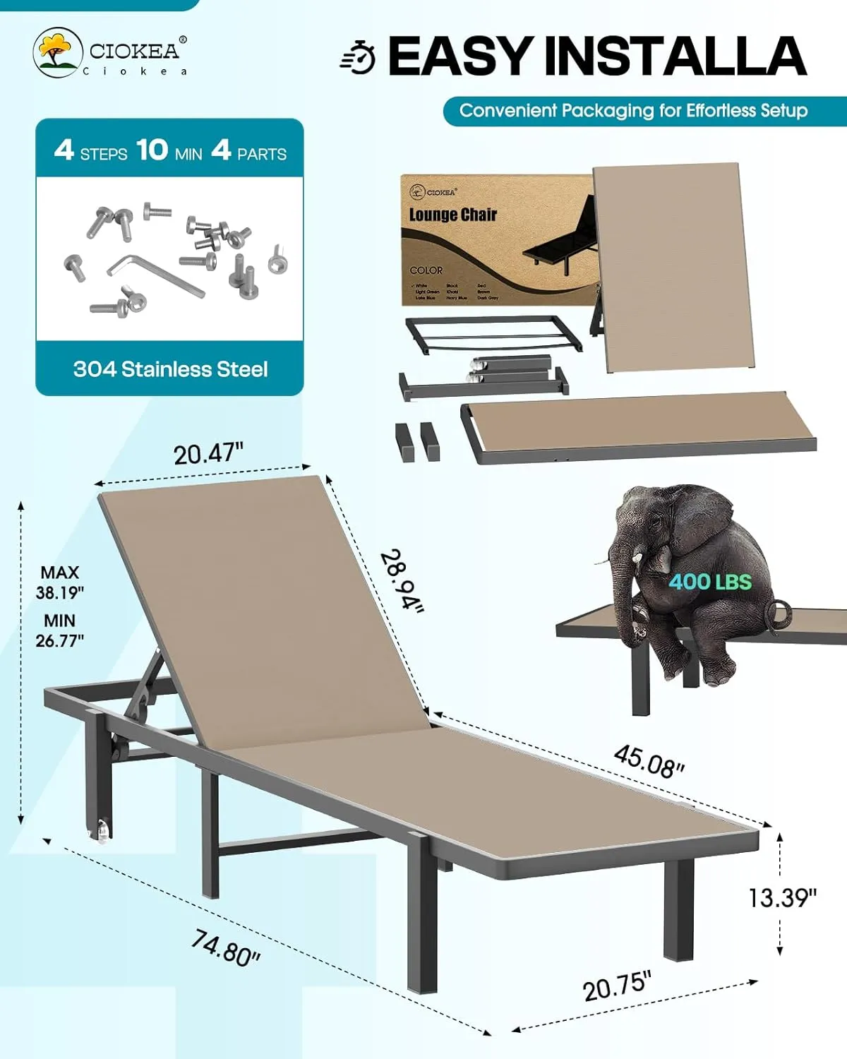Aluminum Chaise Lounge Chair Outdoor with Wheels, Patio Lounge Chair with Adjustable 5-Position Recliner and Full Flat Tanning Chair for Patio, Beach, Pool, Khaki
