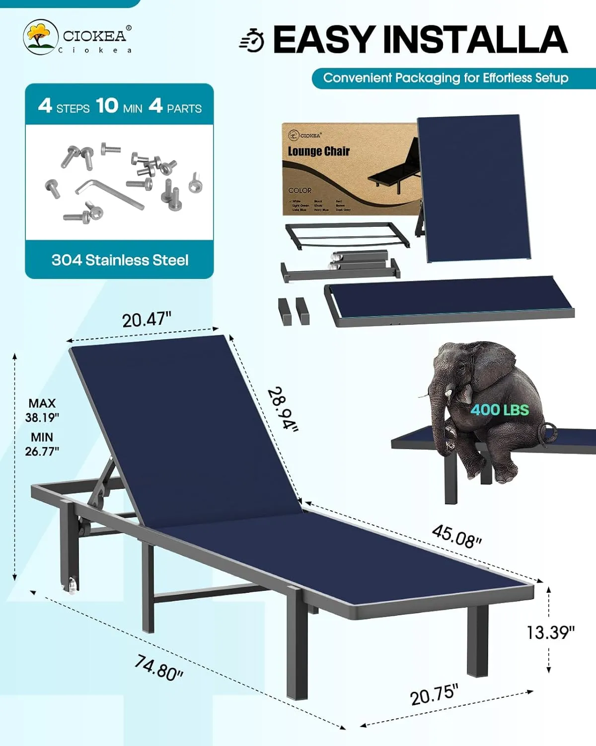 Aluminum Chaise Lounge Chair Outdoor with Wheels, Patio Lounge Chair with Adjustable 5-Position Recliner and Full Flat Tanning Chair for Patio, Beach, Pool, Navy Blue