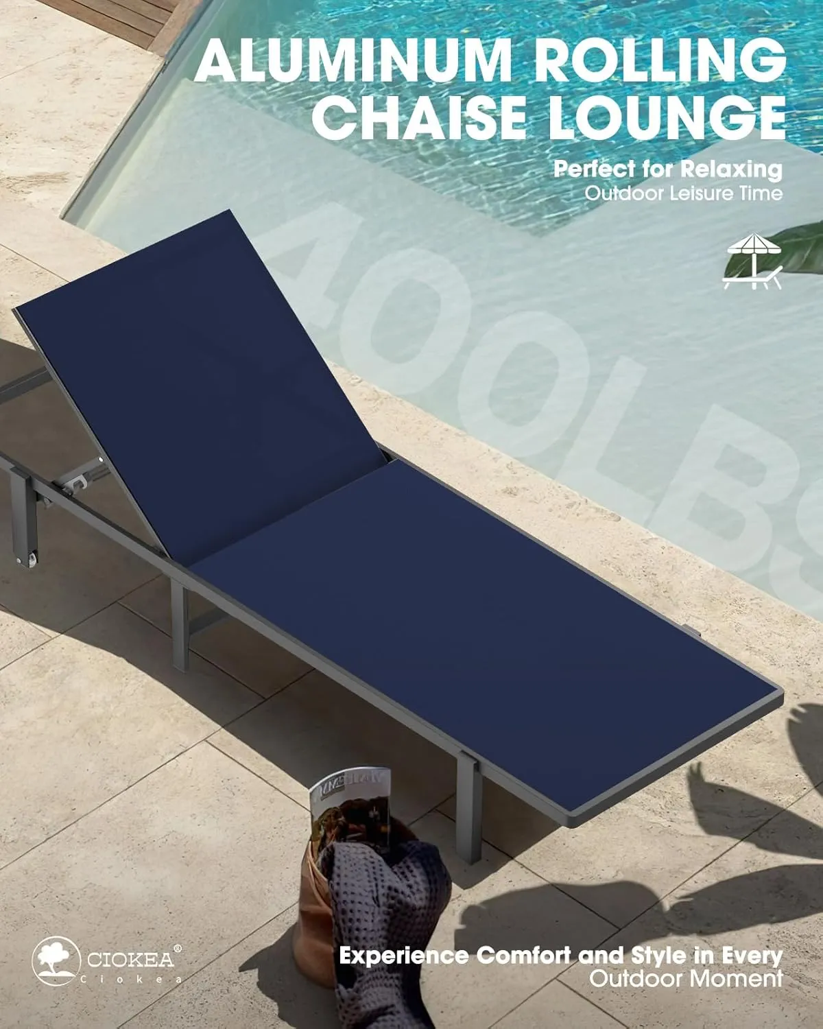 Aluminum Chaise Lounge Chair Outdoor with Wheels, Patio Lounge Chair with Adjustable 5-Position Recliner and Full Flat Tanning Chair for Patio, Beach, Pool, Navy Blue