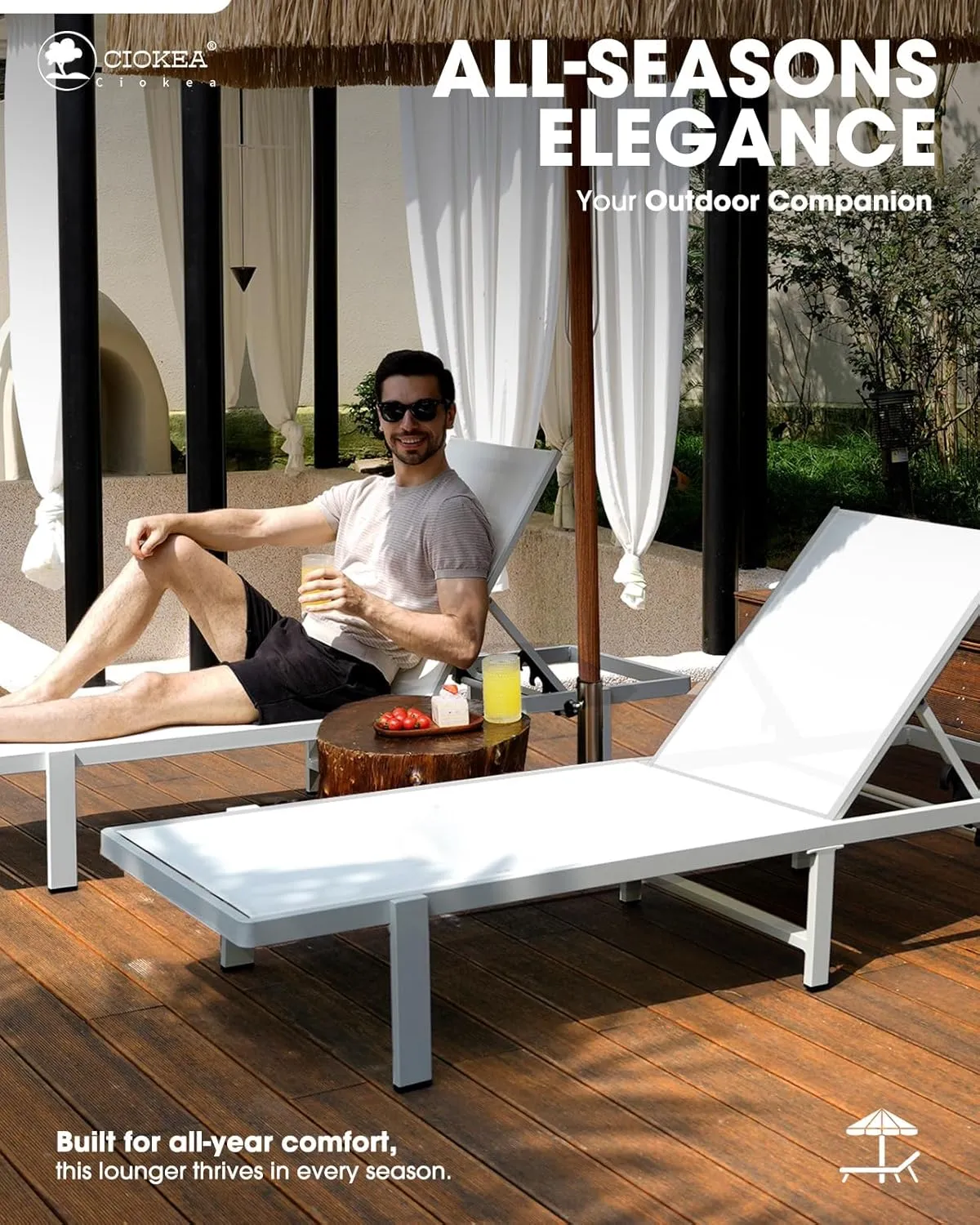 Aluminum Chaise Lounge Chair Outdoor with Wheels, Patio Lounge Chair with Adjustable 5-Position Recliner and Full Flat Tanning Chair for Patio, Beach, Pool, White