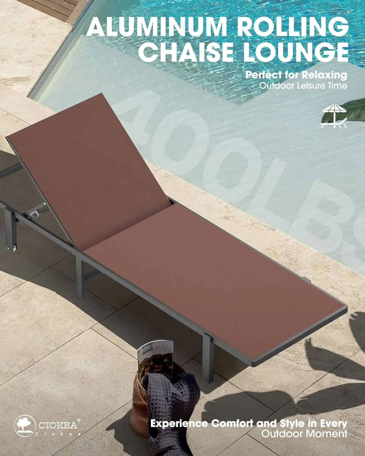 Aluminum Chaise Lounge Chair Outdoor with Wheels, Patio Lounge Chair with Adjustable 5-Position Recliner and Full Flat Tanning Chair for Patio, Beach, Pool,Brown