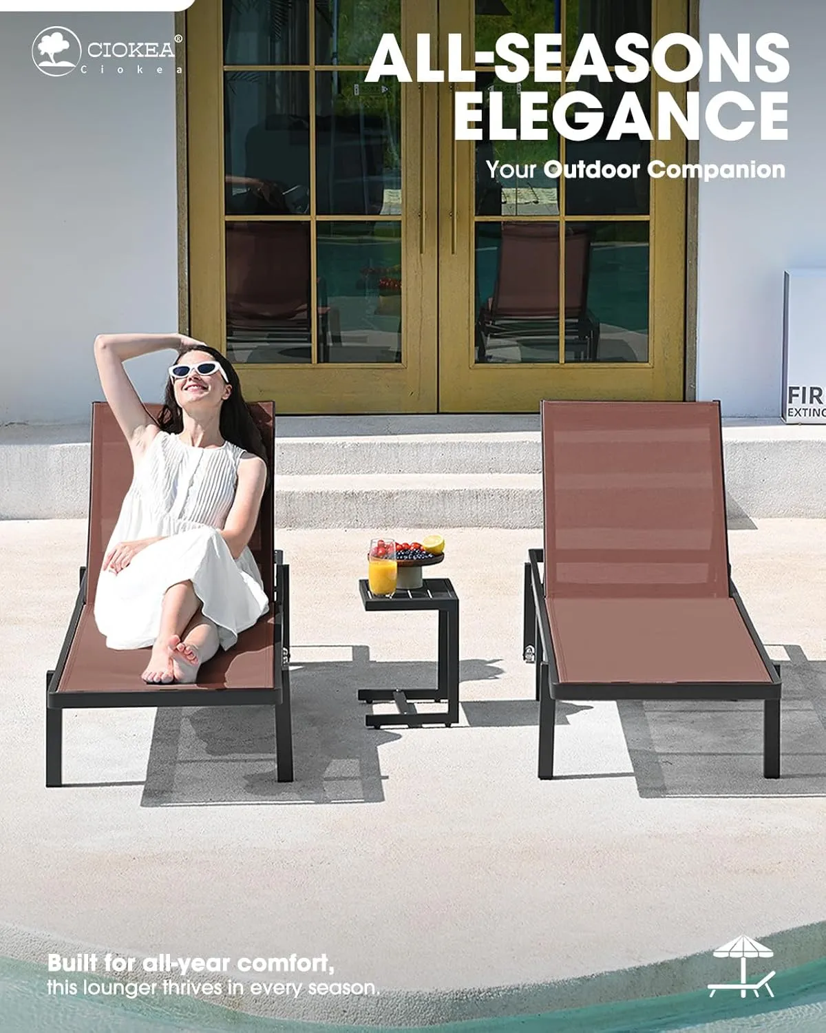 Aluminum Chaise Lounge Chair Outdoor with Wheels, Patio Lounge Chair with Adjustable 5-Position Recliner and Full Flat Tanning Chair for Patio, Beach, Pool,Brown