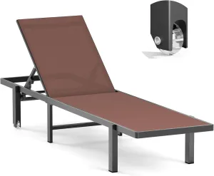 Aluminum Chaise Lounge Chair Outdoor with Wheels, Patio Lounge Chair with Adjustable 5-Position Recliner and Full Flat Tanning Chair for Patio, Beach, Pool,Brown