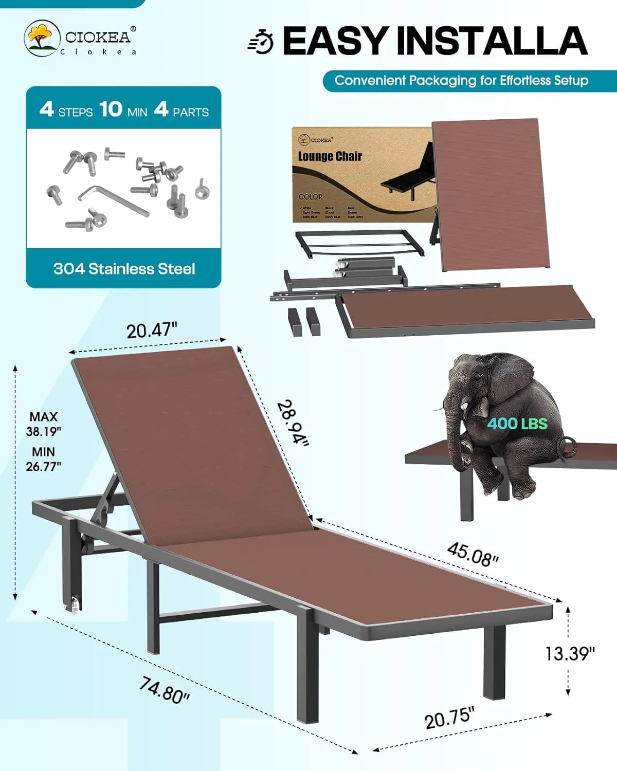 Aluminum Chaise Lounge Chair Outdoor with Wheels, Patio Lounge Chair with Adjustable 5-Position Recliner and Full Flat Tanning Chair for Patio, Beach, Pool,Brown