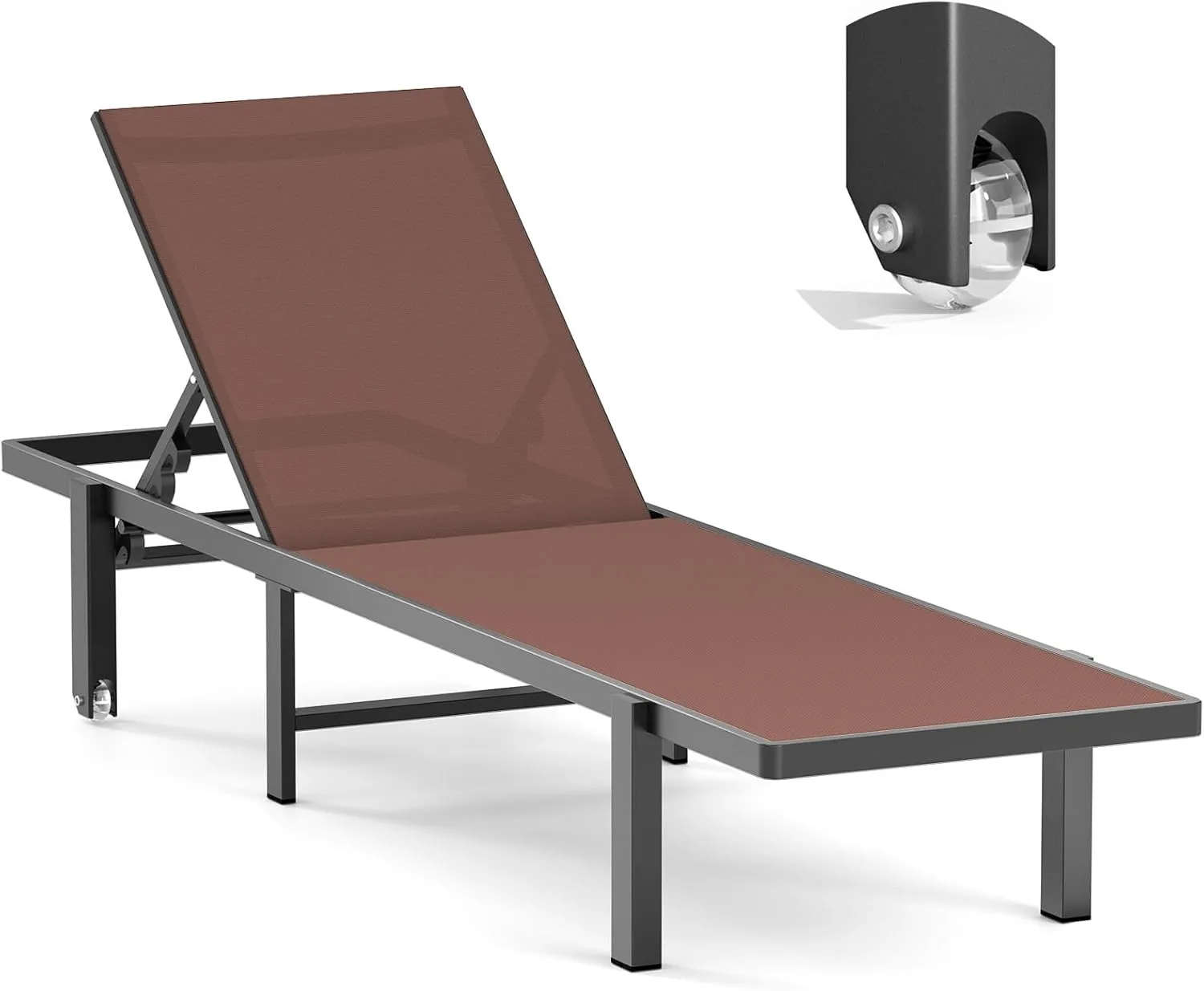 Aluminum Chaise Lounge Chair Outdoor with Wheels, Patio Lounge Chair with Adjustable 5-Position Recliner and Full Flat Tanning Chair for Patio, Beach, Pool,Brown