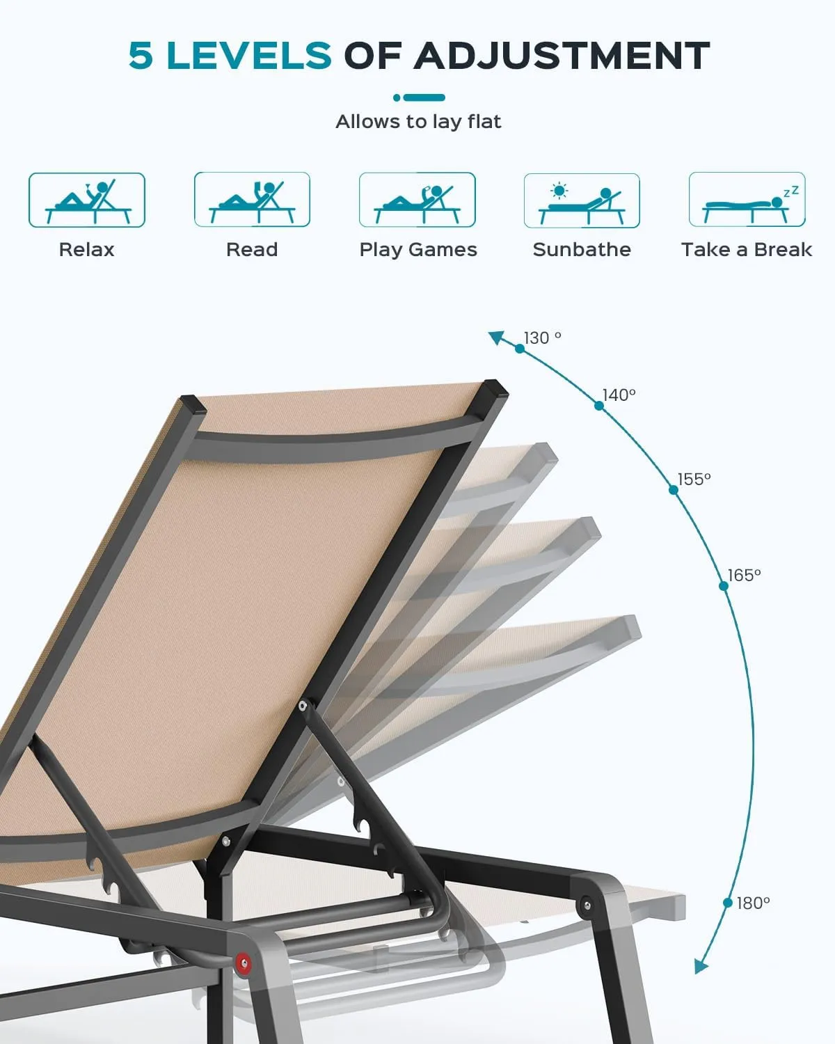 Aluminum Chaise Lounge Ourdoor - Foldable & Assemble Free Outdoor Lounge Chair with 5 Adjustable Backrest, Patio Lounge Chair for Outside Poolside Beach Pool, Khaki